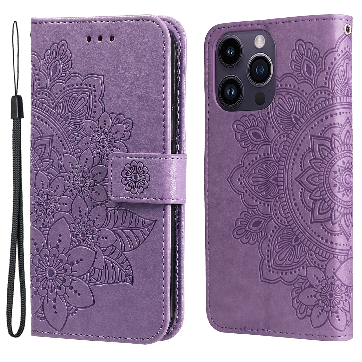 Uniqkart for iPhone 15 Pro Max Stand Phone Case Wallet Imprinted Flower Pattern TPU+PU Leather Cover Shell - Purple