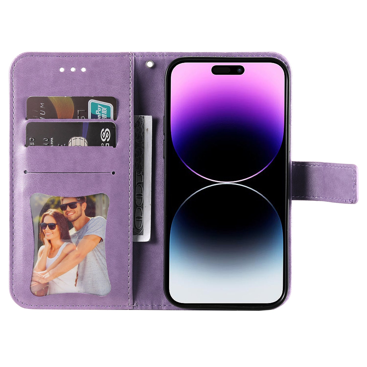 Uniqkart for iPhone 15 Pro Max Stand Phone Case Wallet Imprinted Flower Pattern TPU+PU Leather Cover Shell - Purple