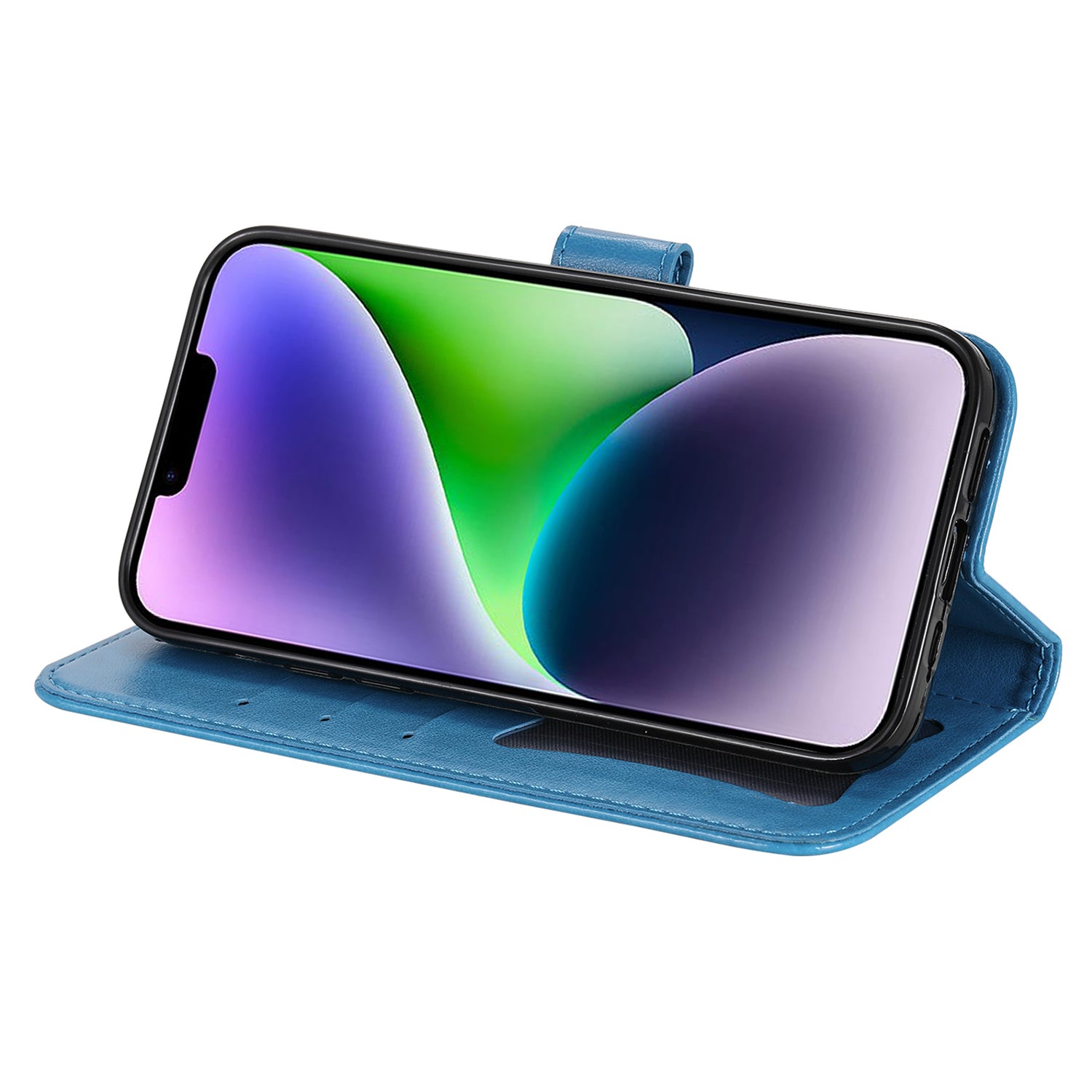 Uniqkart for iPhone 15 Imprinted Flower Pattern Wallet Phone Shell PU Leather Cover Phone Stand Case - Blue