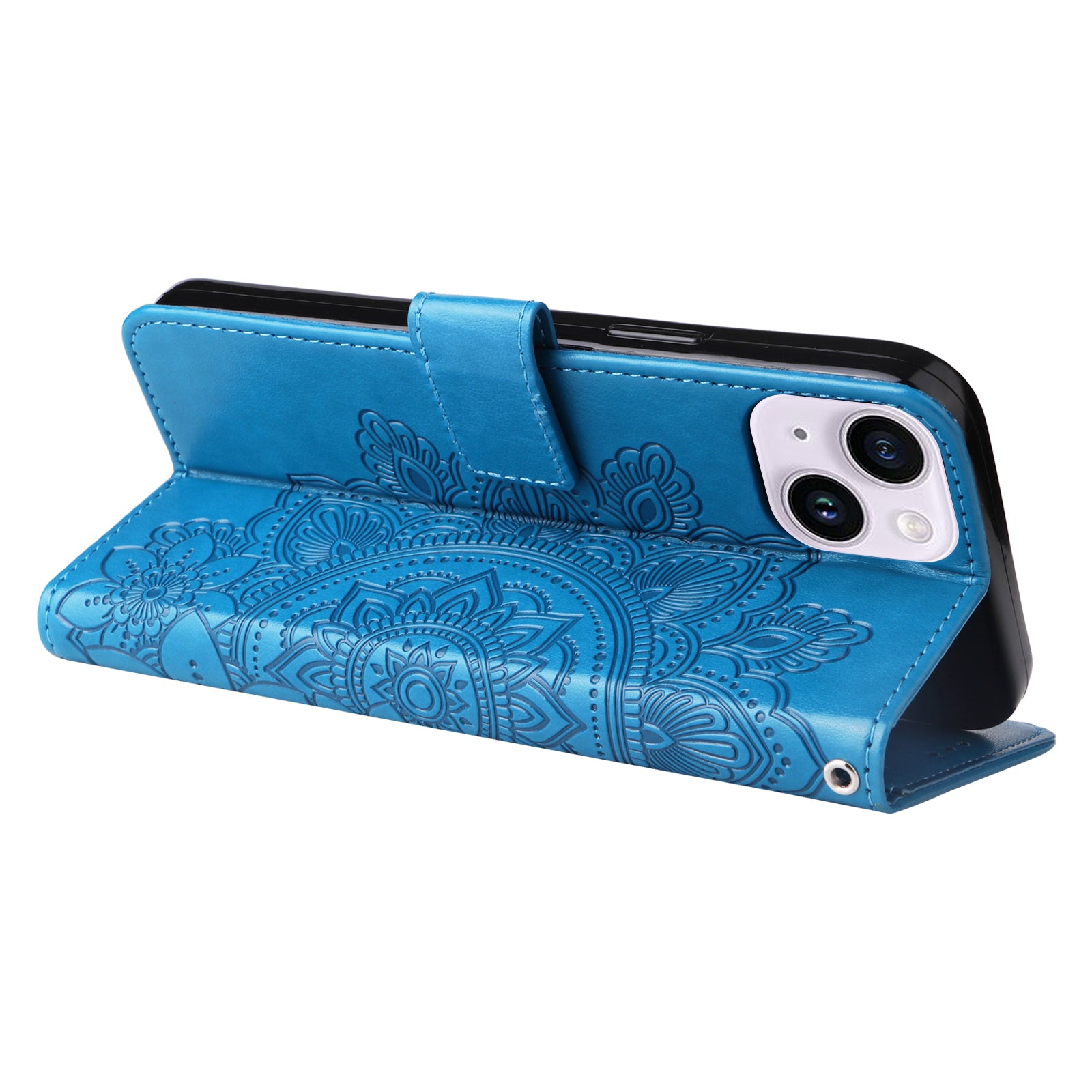 Uniqkart for iPhone 15 Imprinted Flower Pattern Wallet Phone Shell PU Leather Cover Phone Stand Case - Blue