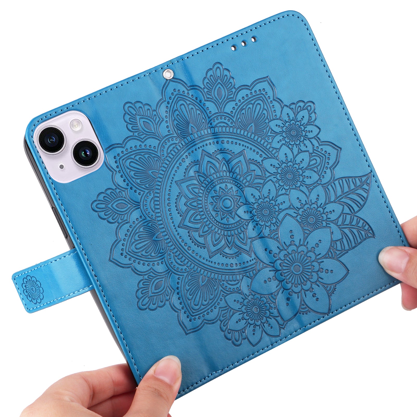 Uniqkart for iPhone 15 Imprinted Flower Pattern Wallet Phone Shell PU Leather Cover Phone Stand Case - Blue