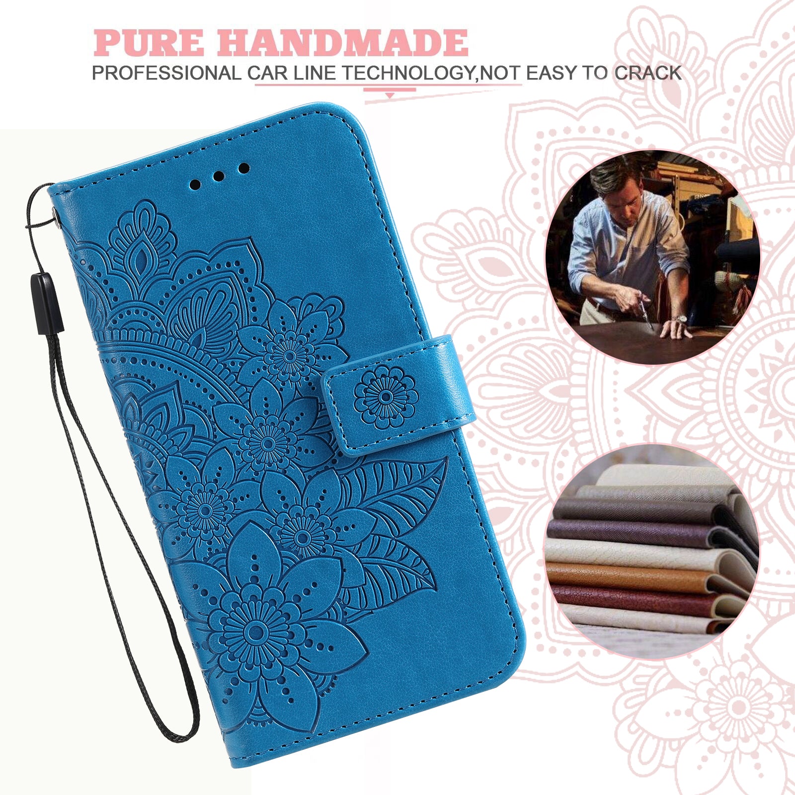 Uniqkart for iPhone 15 Imprinted Flower Pattern Wallet Phone Shell PU Leather Cover Phone Stand Case - Blue