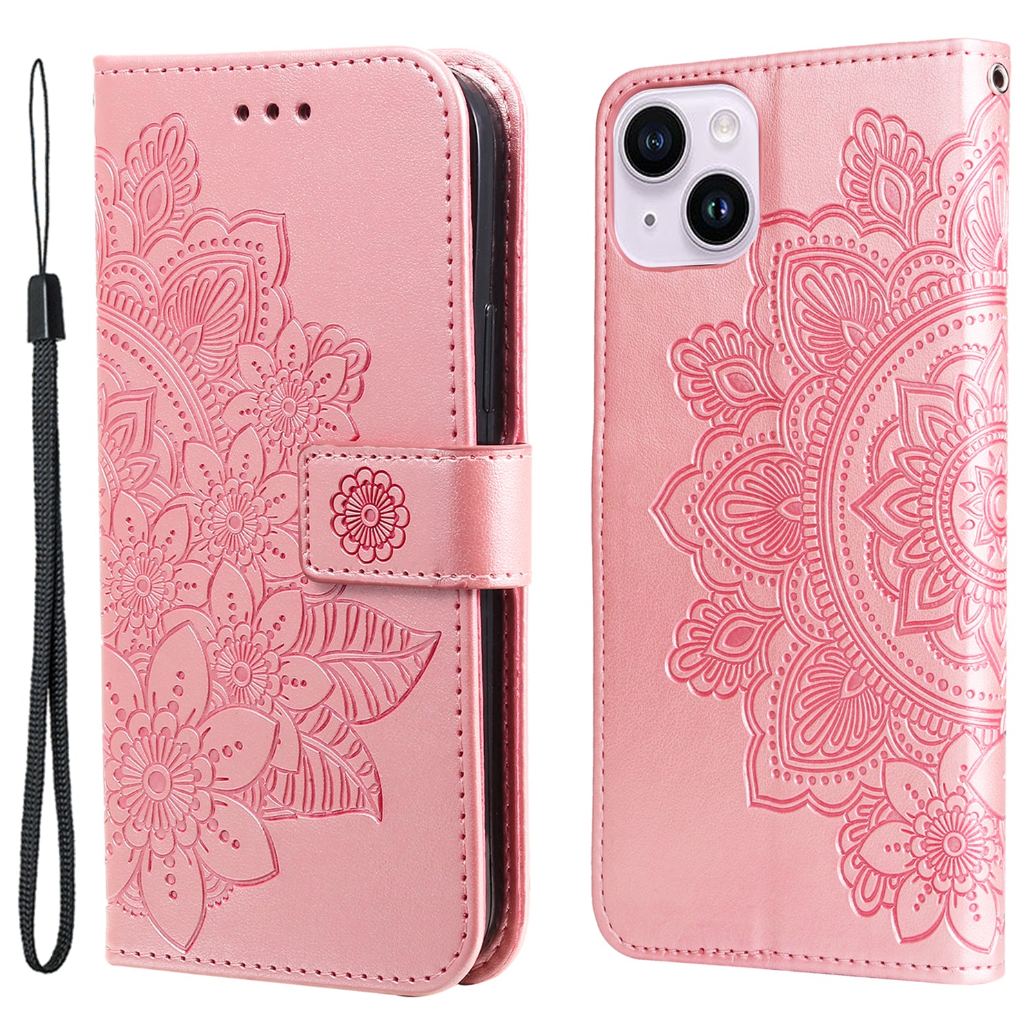Uniqkart for iPhone 15 Imprinted Flower Pattern Wallet Phone Shell PU Leather Cover Phone Stand Case - Pink