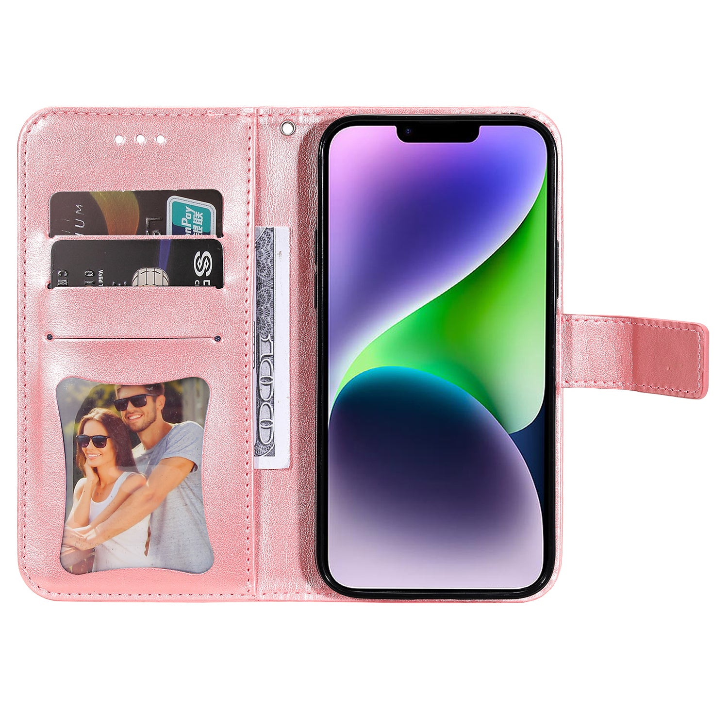 Uniqkart for iPhone 15 Imprinted Flower Pattern Wallet Phone Shell PU Leather Cover Phone Stand Case - Pink