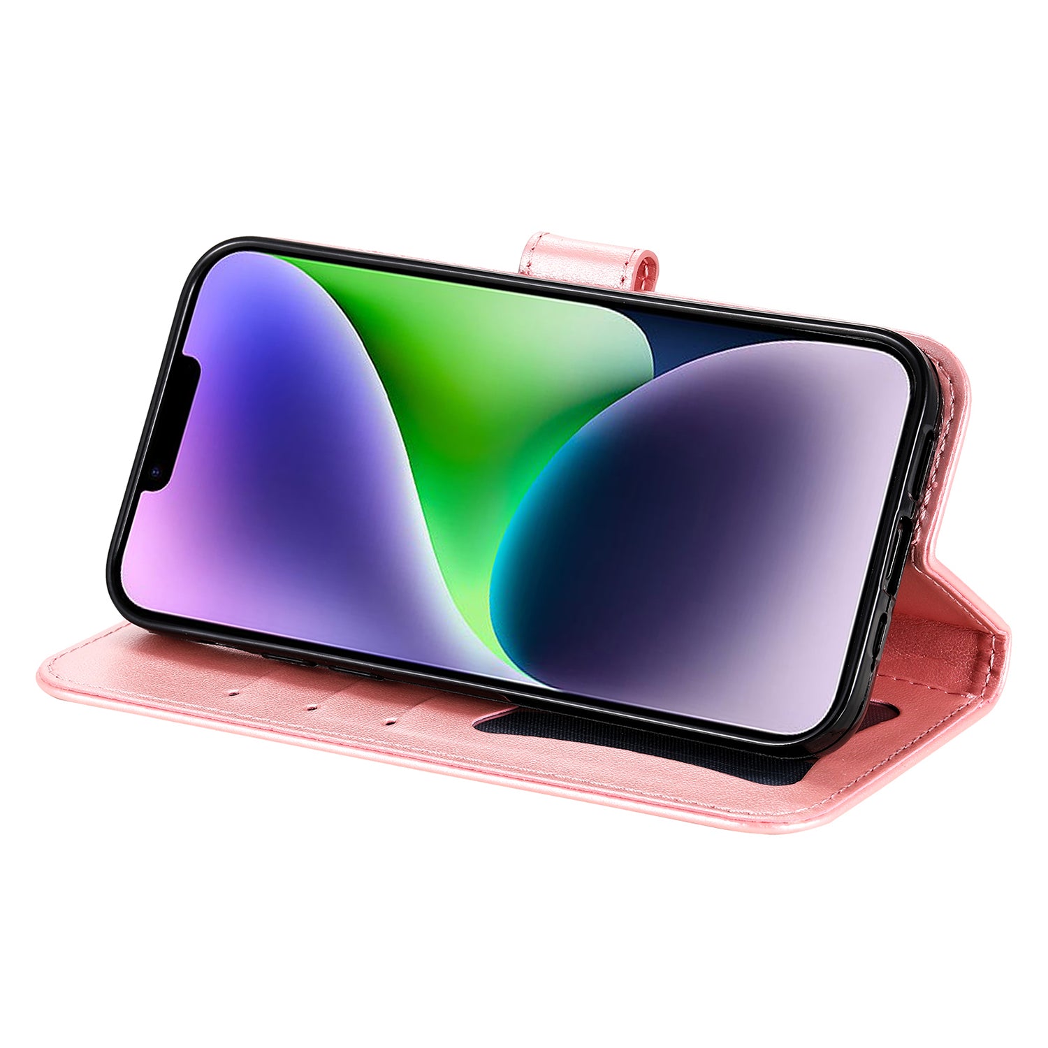 Uniqkart for iPhone 15 Imprinted Flower Pattern Wallet Phone Shell PU Leather Cover Phone Stand Case - Pink