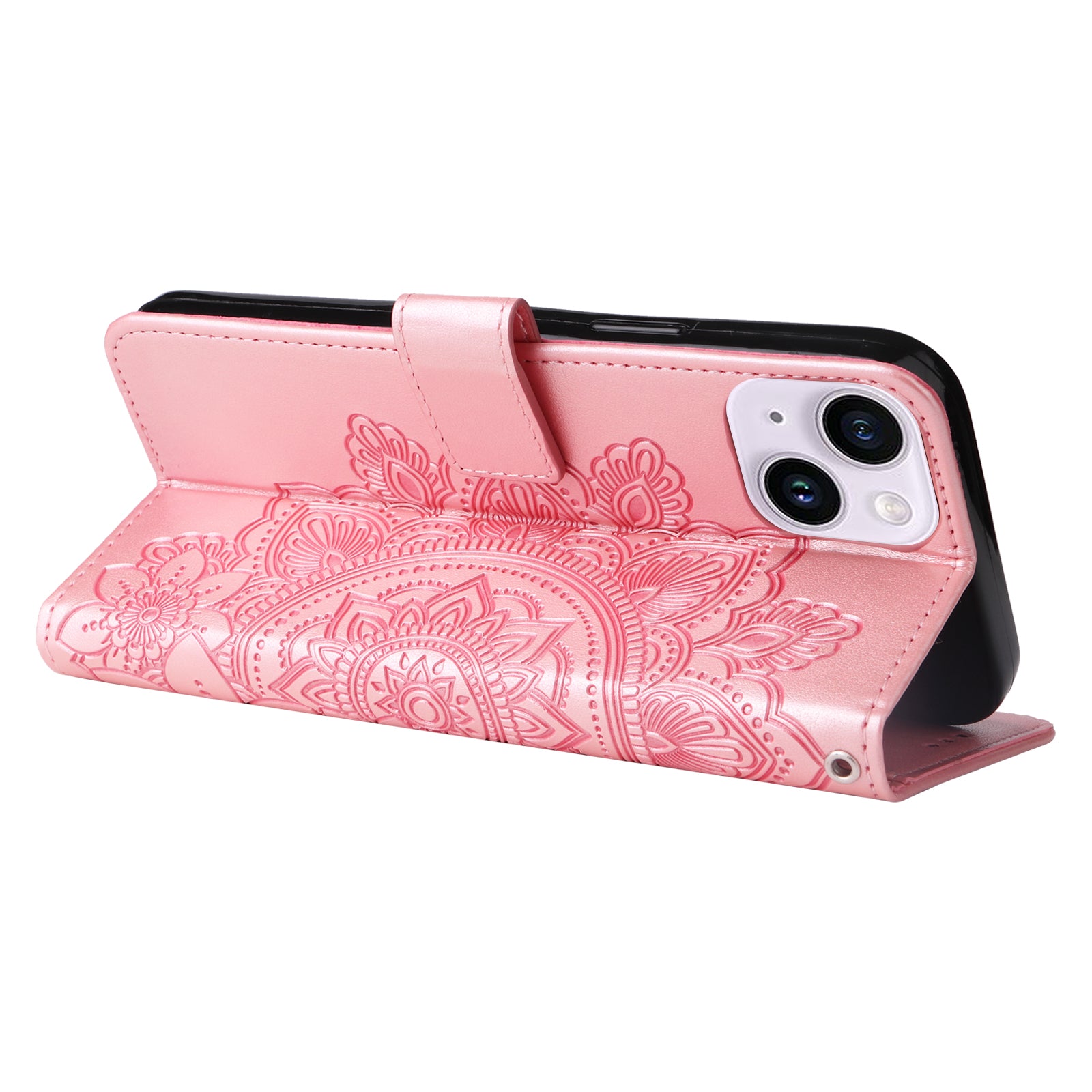 Uniqkart for iPhone 15 Imprinted Flower Pattern Wallet Phone Shell PU Leather Cover Phone Stand Case - Pink