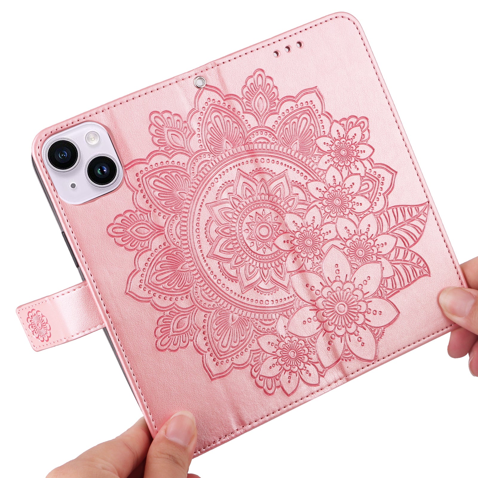 Uniqkart for iPhone 15 Imprinted Flower Pattern Wallet Phone Shell PU Leather Cover Phone Stand Case - Pink