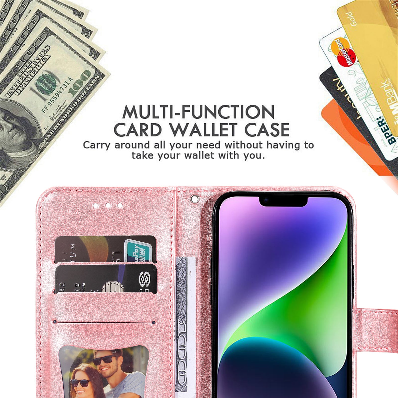 Uniqkart for iPhone 15 Imprinted Flower Pattern Wallet Phone Shell PU Leather Cover Phone Stand Case - Pink