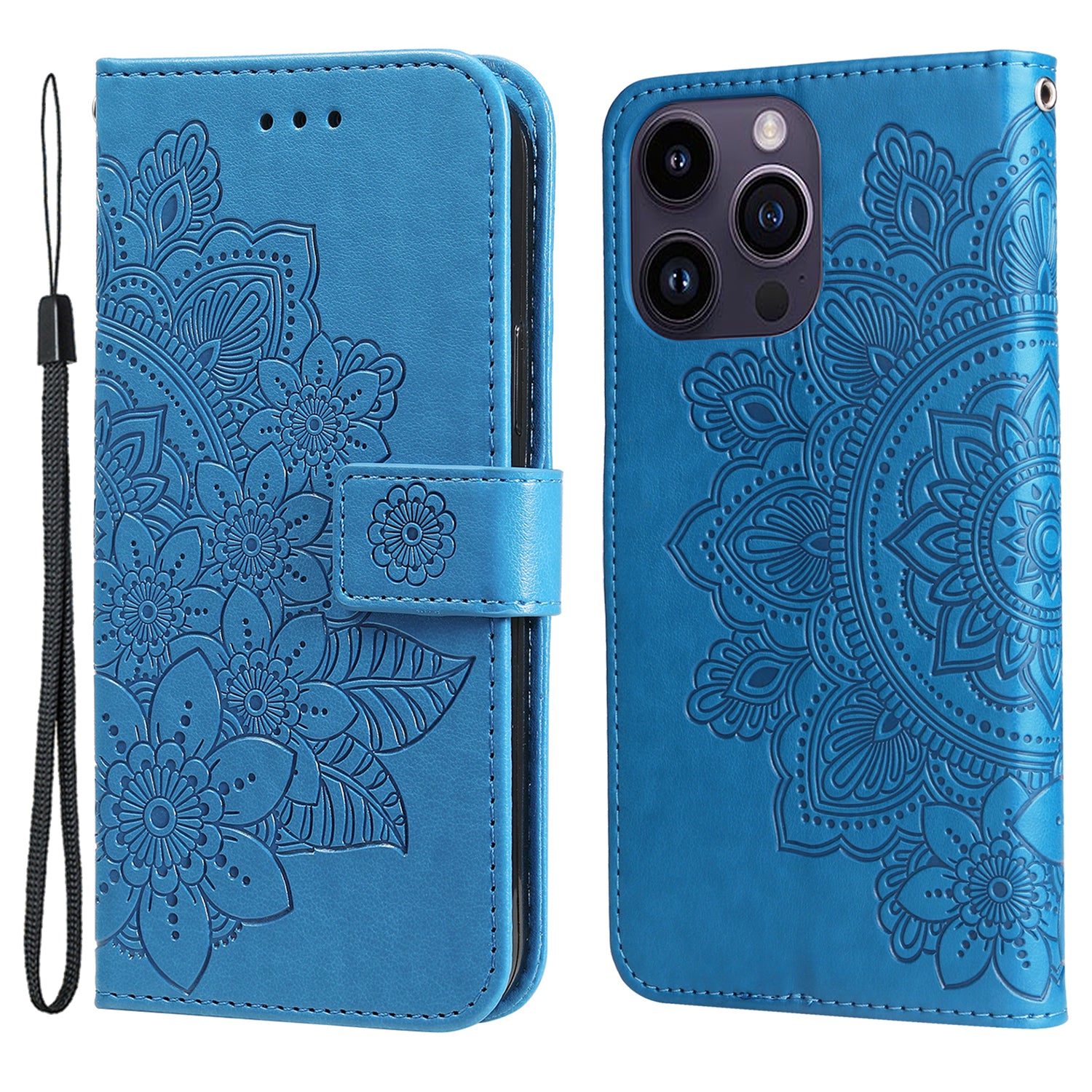 Uniqkart for iPhone 15 Pro Imprinted Flower Pattern Phone Stand Case Wallet Phone Shell PU Leather Cover - Blue