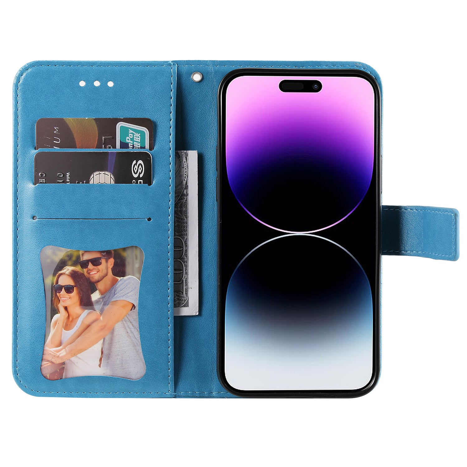 Uniqkart for iPhone 15 Pro Imprinted Flower Pattern Phone Stand Case Wallet Phone Shell PU Leather Cover - Blue