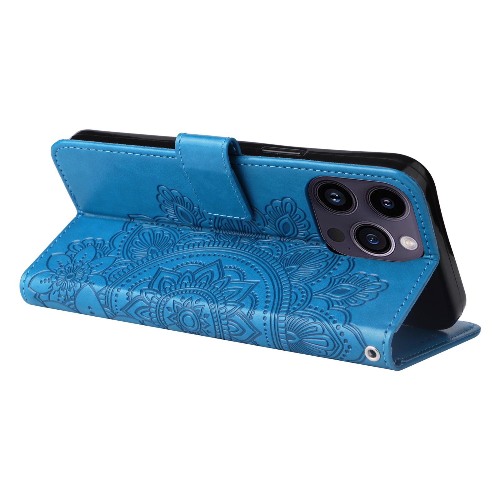 Uniqkart for iPhone 15 Pro Imprinted Flower Pattern Phone Stand Case Wallet Phone Shell PU Leather Cover - Blue