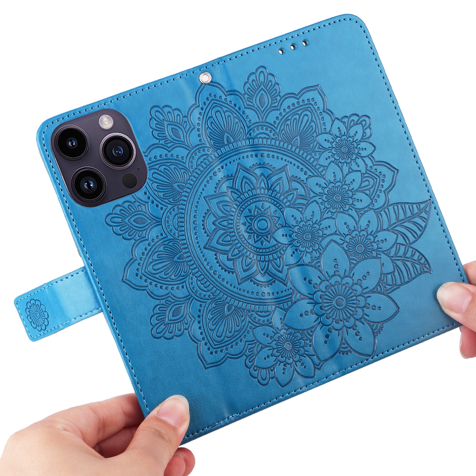 Uniqkart for iPhone 15 Pro Imprinted Flower Pattern Phone Stand Case Wallet Phone Shell PU Leather Cover - Blue