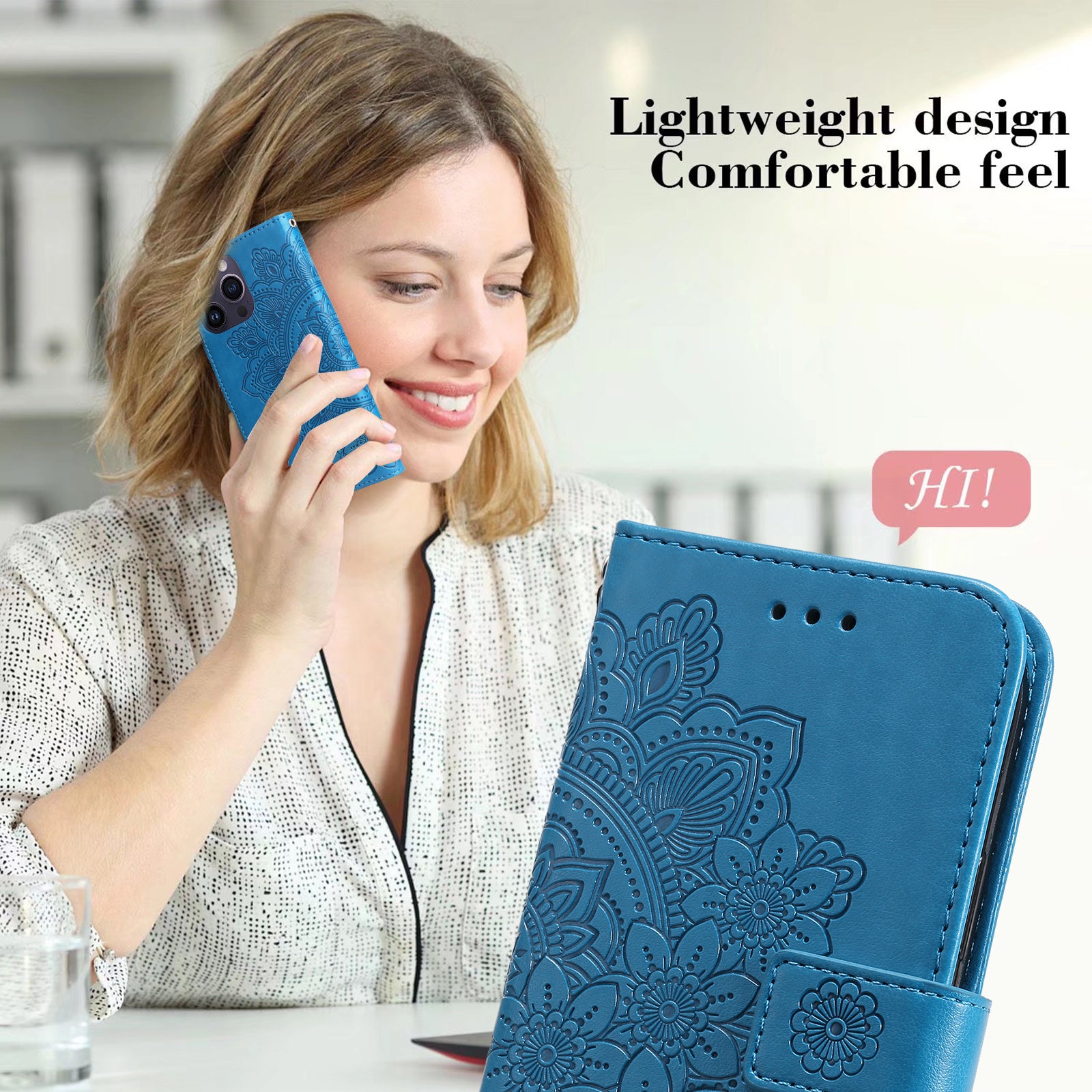 Uniqkart for iPhone 15 Pro Imprinted Flower Pattern Phone Stand Case Wallet Phone Shell PU Leather Cover - Blue