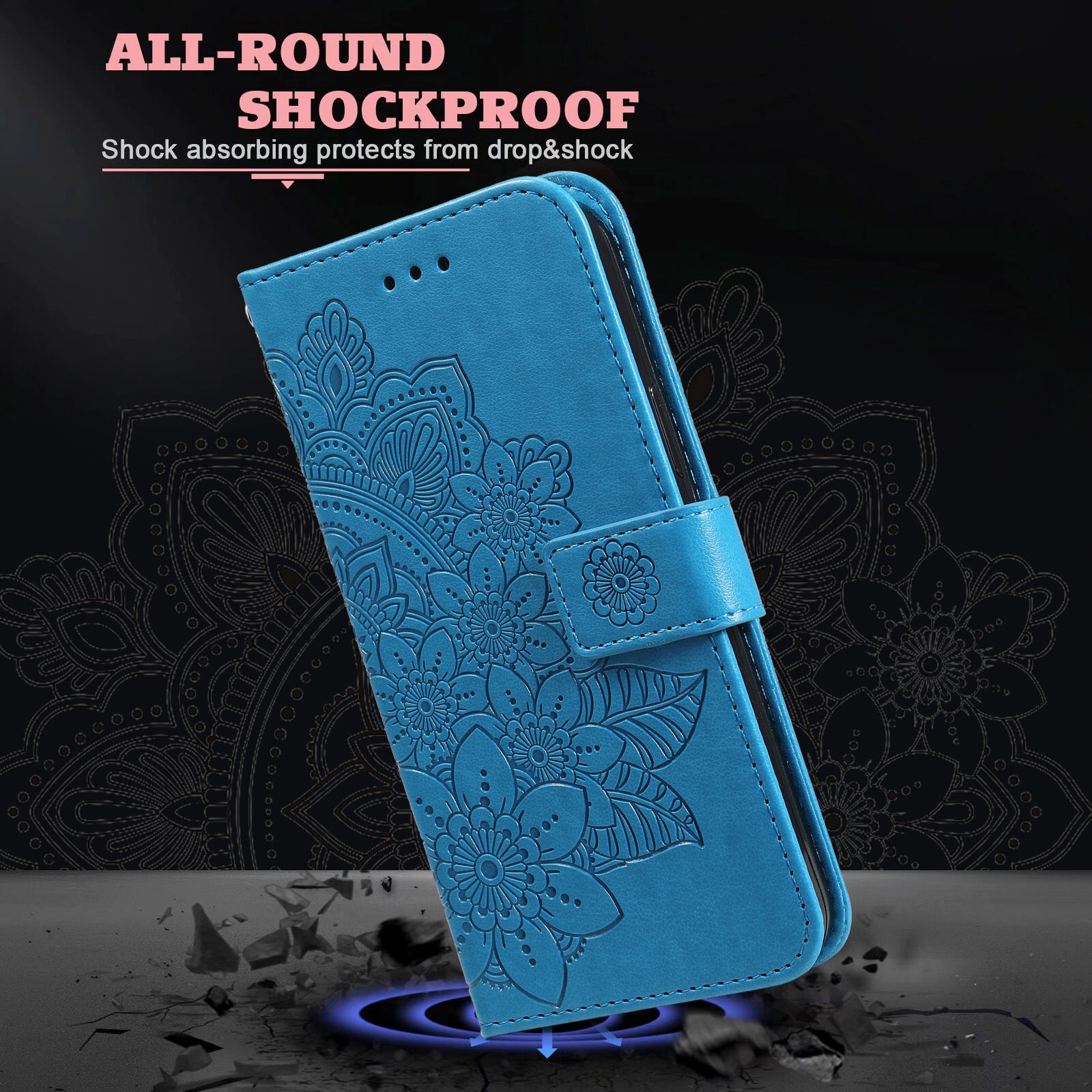 Uniqkart for iPhone 15 Pro Imprinted Flower Pattern Phone Stand Case Wallet Phone Shell PU Leather Cover - Blue
