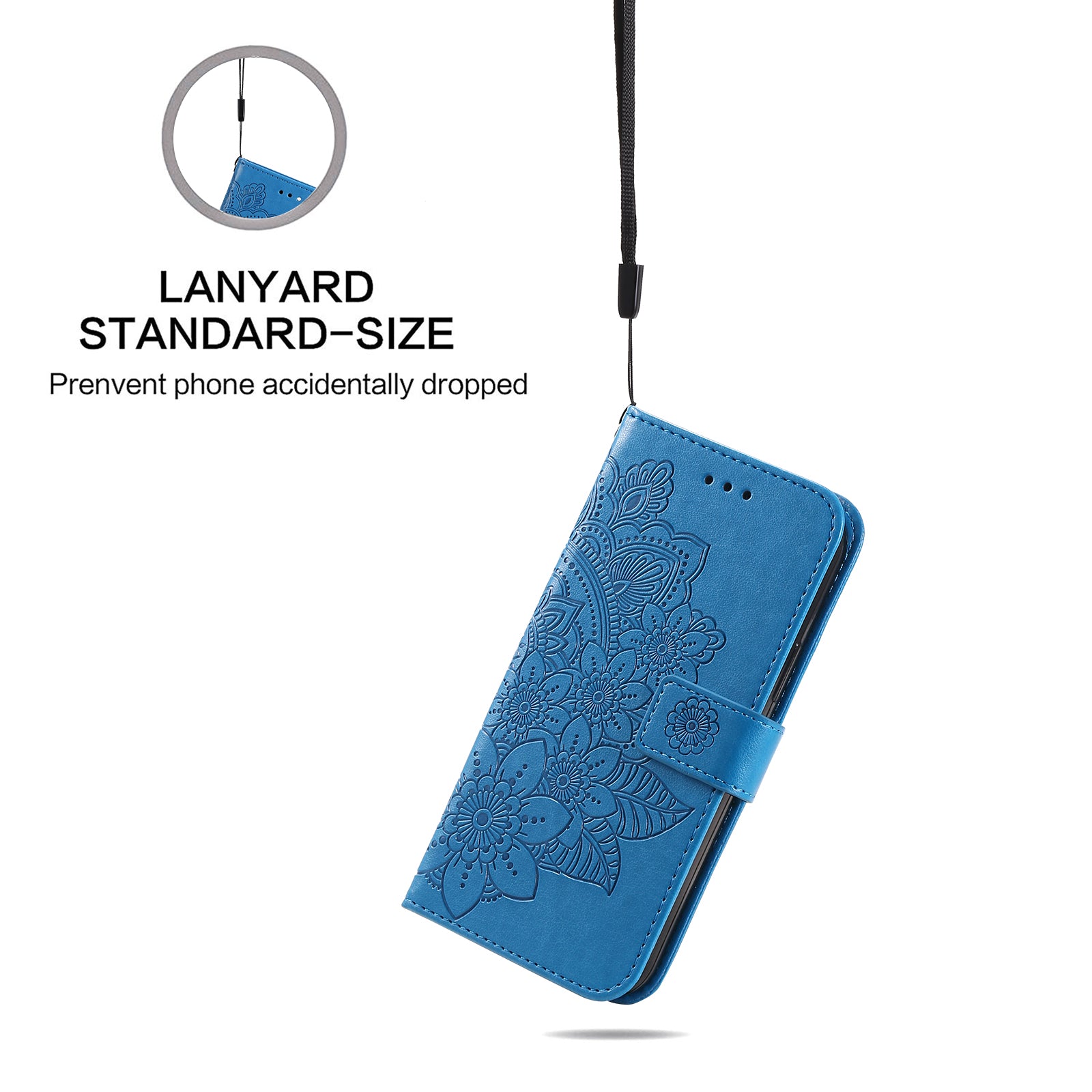 Uniqkart for iPhone 15 Pro Imprinted Flower Pattern Phone Stand Case Wallet Phone Shell PU Leather Cover - Blue