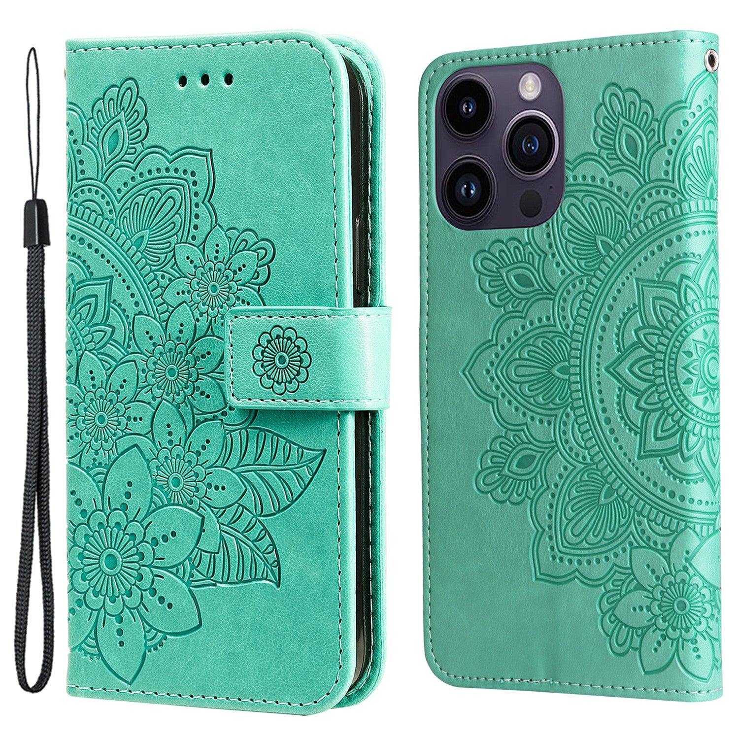 Uniqkart for iPhone 15 Pro Imprinted Flower Pattern Phone Stand Case Wallet Phone Shell PU Leather Cover - Green
