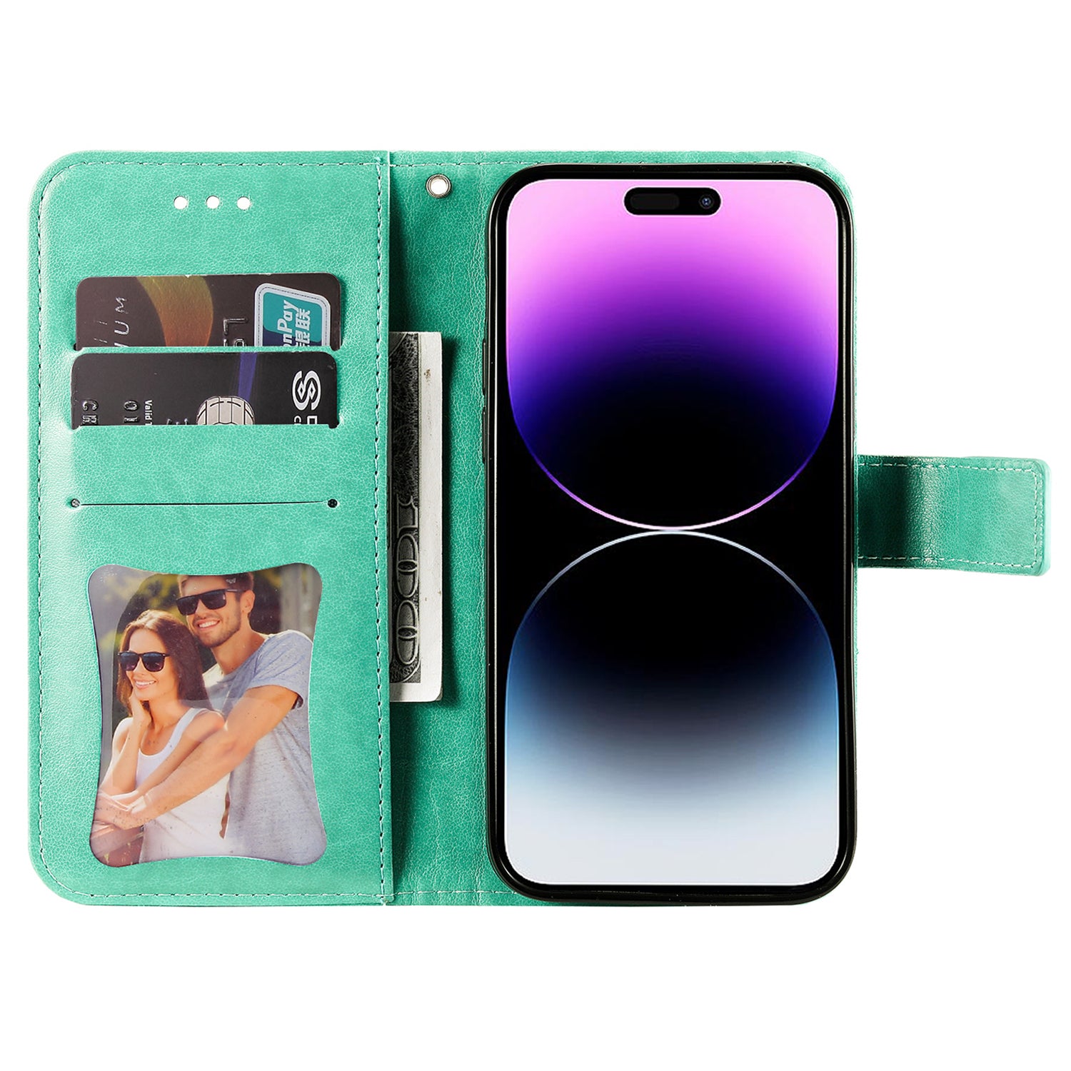 Uniqkart for iPhone 15 Pro Imprinted Flower Pattern Phone Stand Case Wallet Phone Shell PU Leather Cover - Green