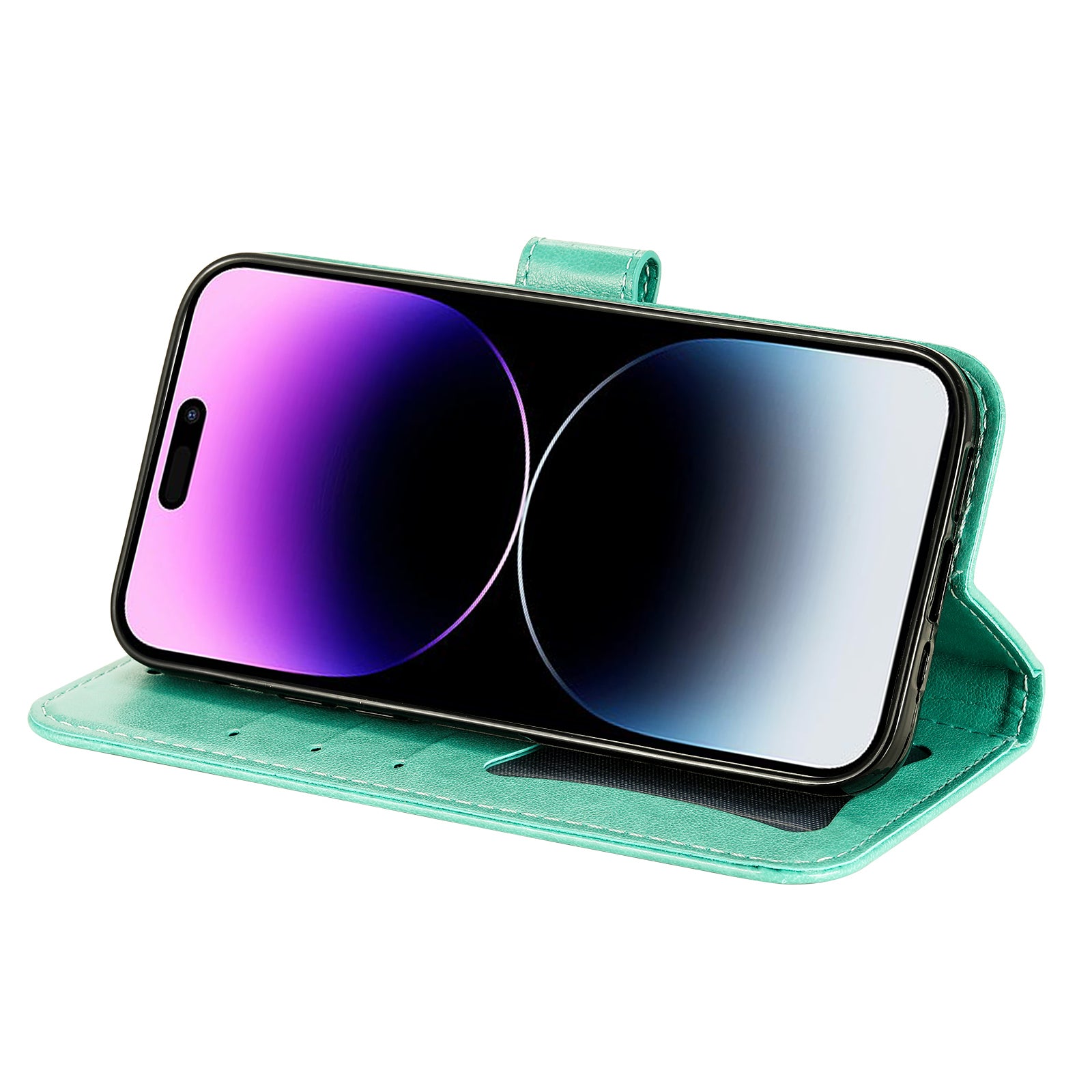 Uniqkart for iPhone 15 Pro Imprinted Flower Pattern Phone Stand Case Wallet Phone Shell PU Leather Cover - Green