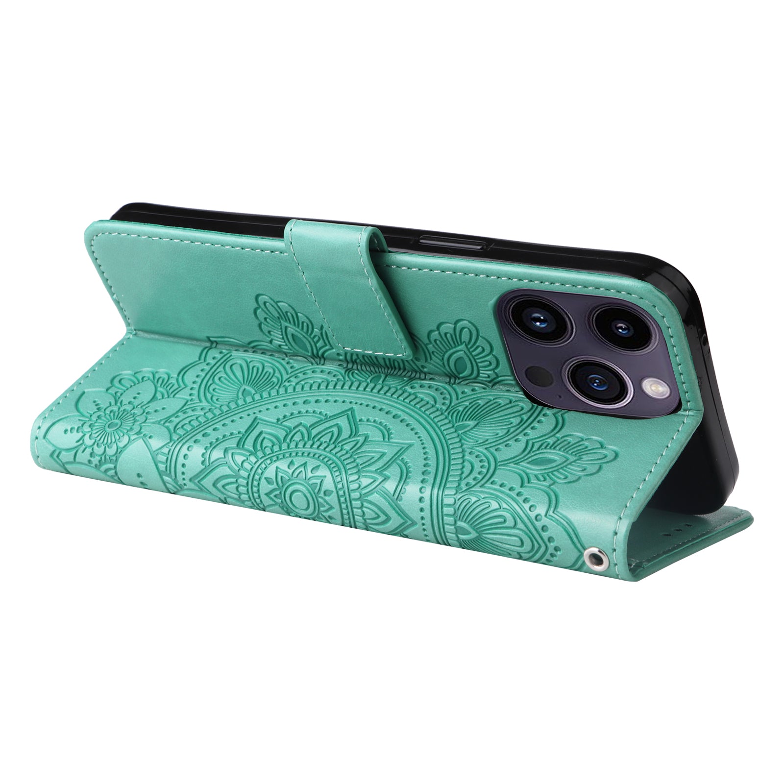 Uniqkart for iPhone 15 Pro Imprinted Flower Pattern Phone Stand Case Wallet Phone Shell PU Leather Cover - Green