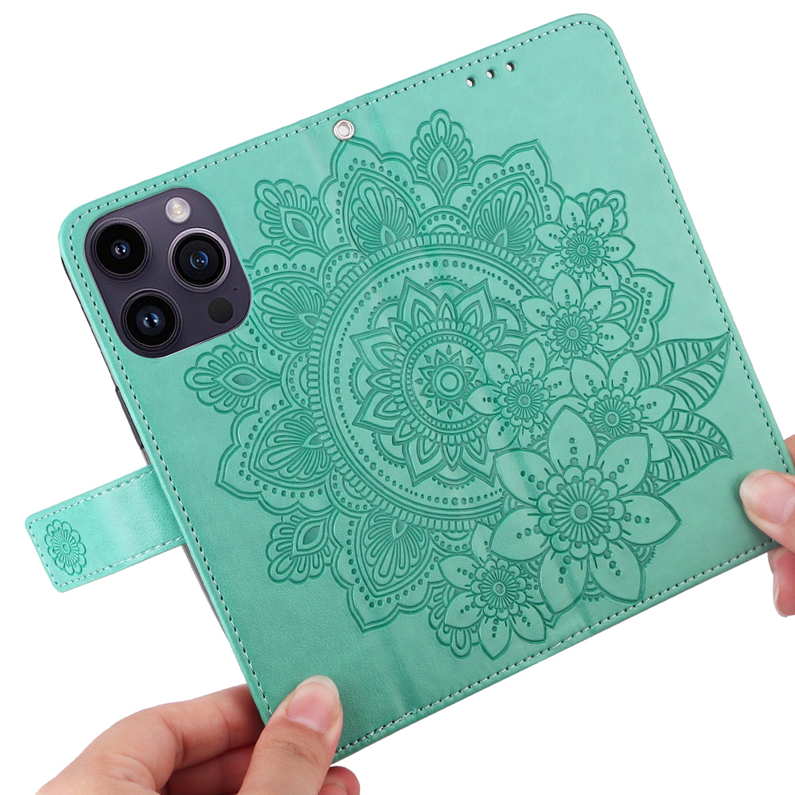 Uniqkart for iPhone 15 Pro Imprinted Flower Pattern Phone Stand Case Wallet Phone Shell PU Leather Cover - Green