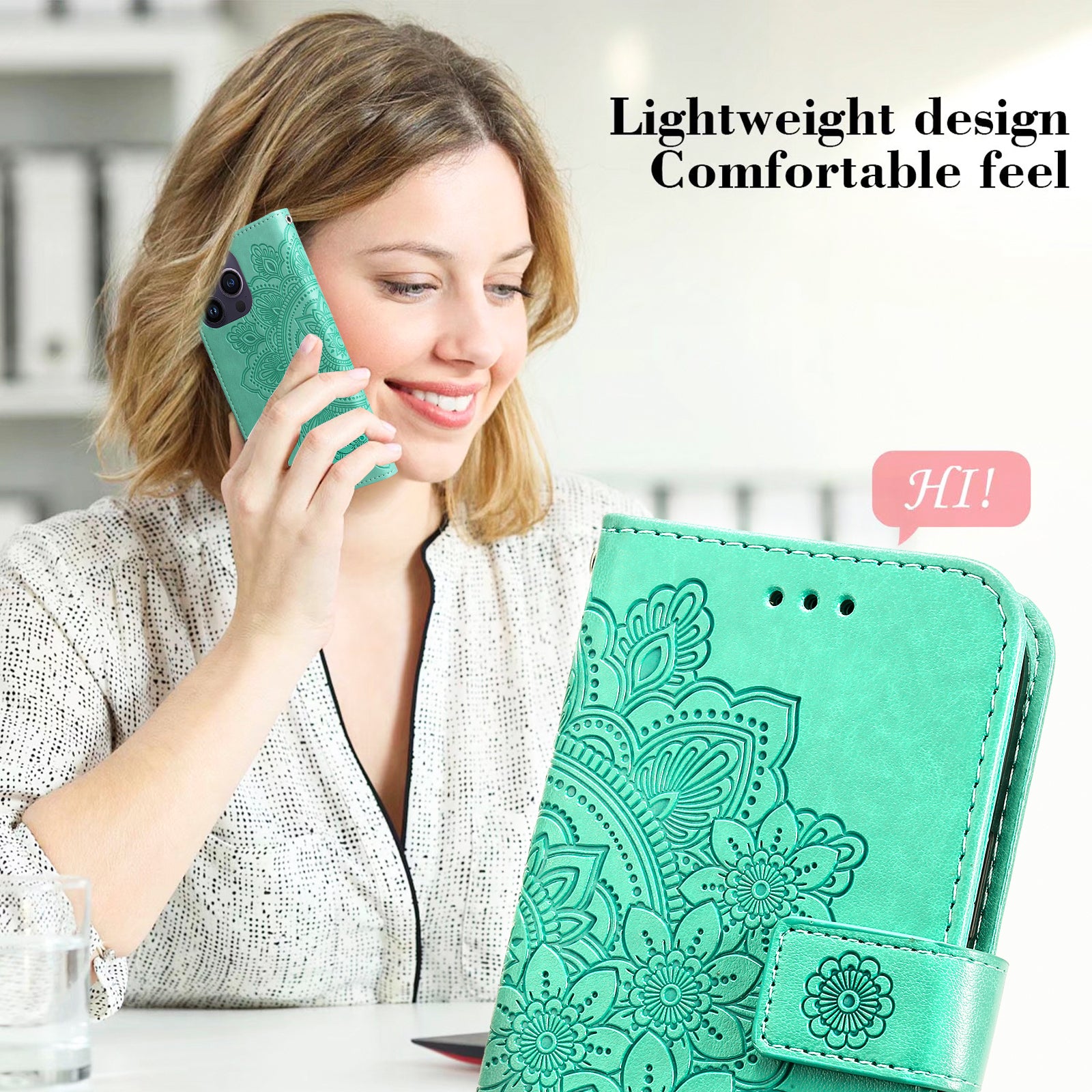 Uniqkart for iPhone 15 Pro Imprinted Flower Pattern Phone Stand Case Wallet Phone Shell PU Leather Cover - Green
