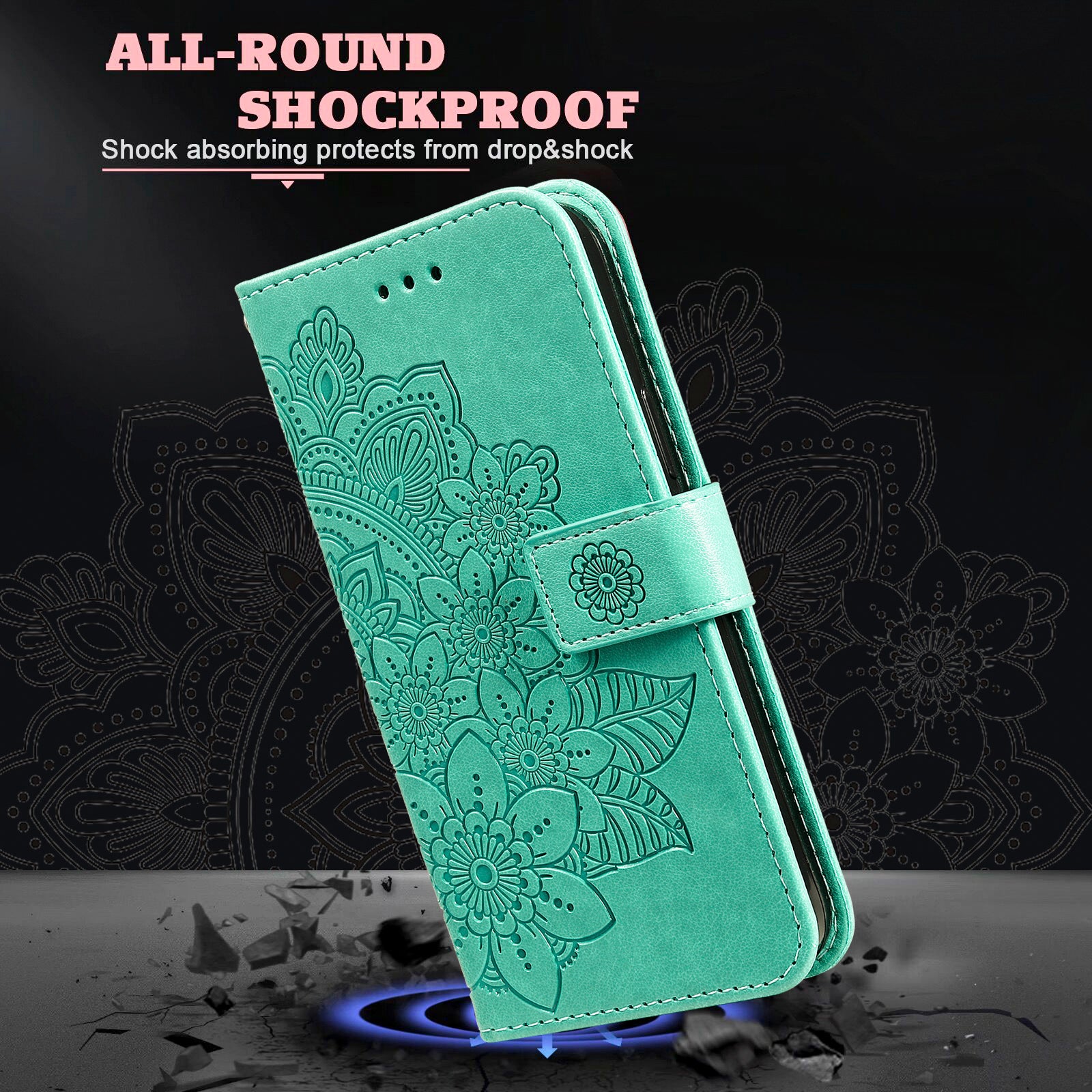 Uniqkart for iPhone 15 Pro Imprinted Flower Pattern Phone Stand Case Wallet Phone Shell PU Leather Cover - Green