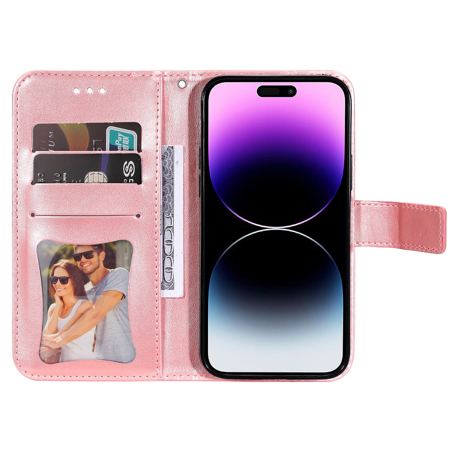 Uniqkart for iPhone 15 Pro Imprinted Flower Pattern Phone Stand Case Wallet Phone Shell PU Leather Cover - Pink