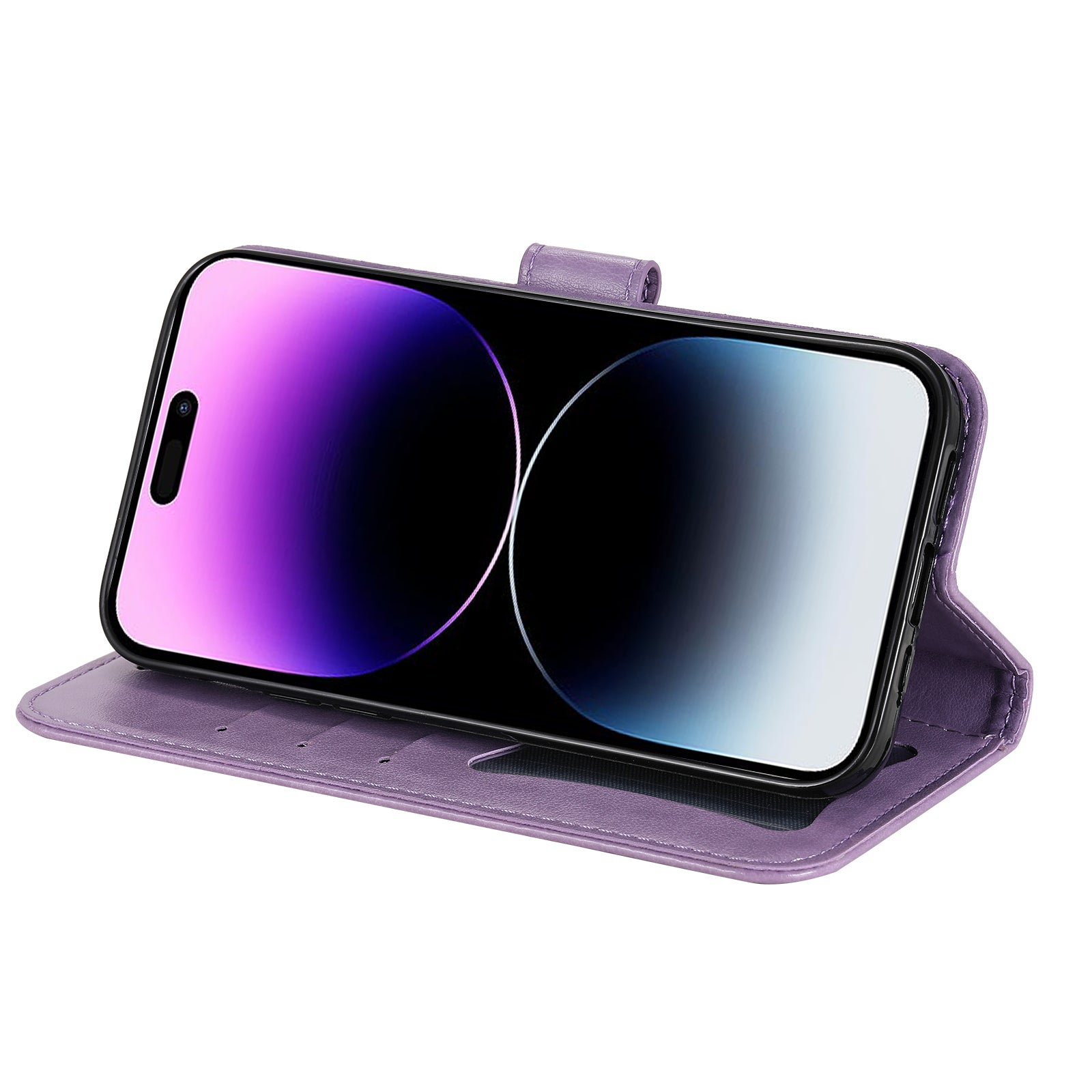 Uniqkart for iPhone 15 Pro Imprinted Flower Pattern Phone Stand Case Wallet Phone Shell PU Leather Cover - Purple