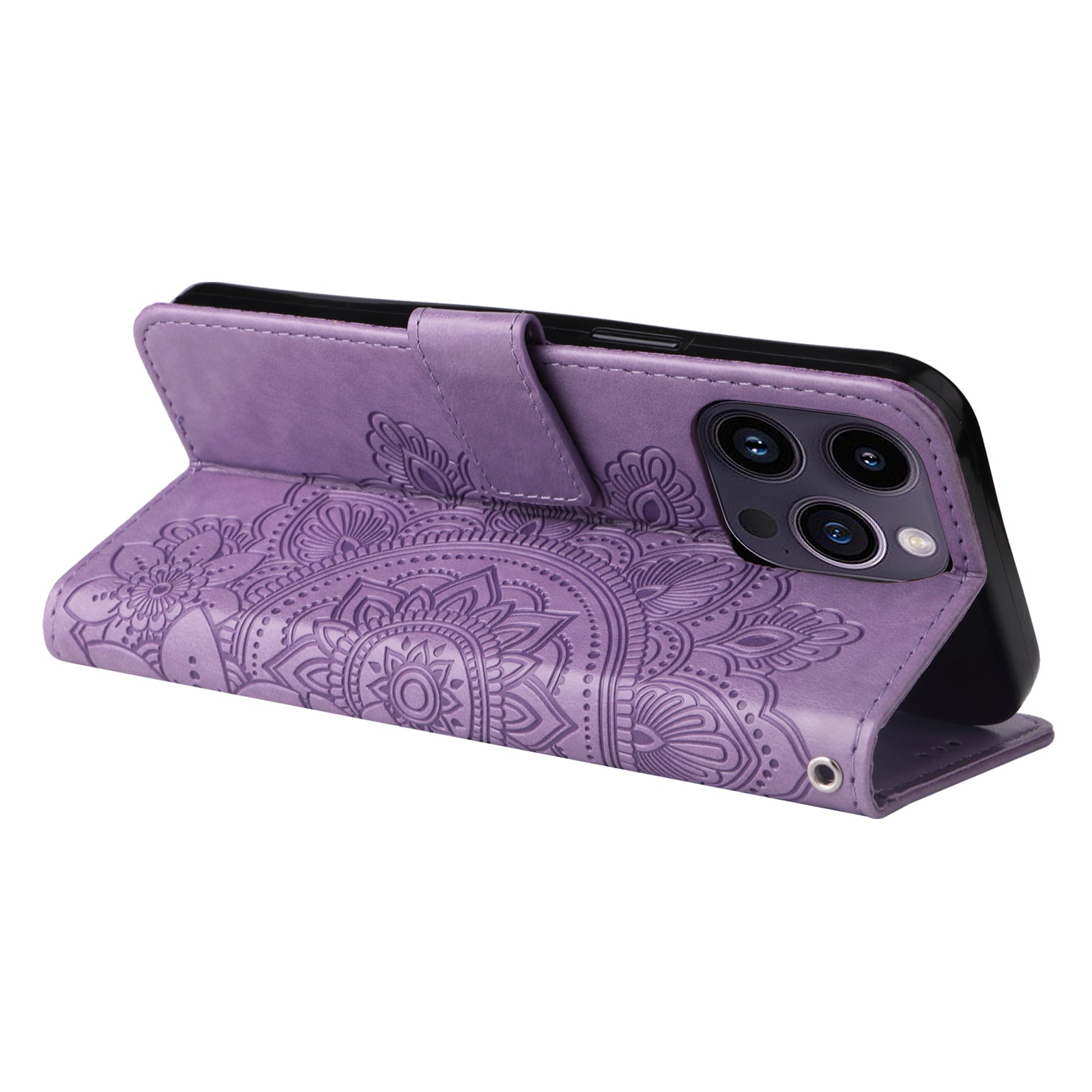 Uniqkart for iPhone 15 Pro Imprinted Flower Pattern Phone Stand Case Wallet Phone Shell PU Leather Cover - Purple