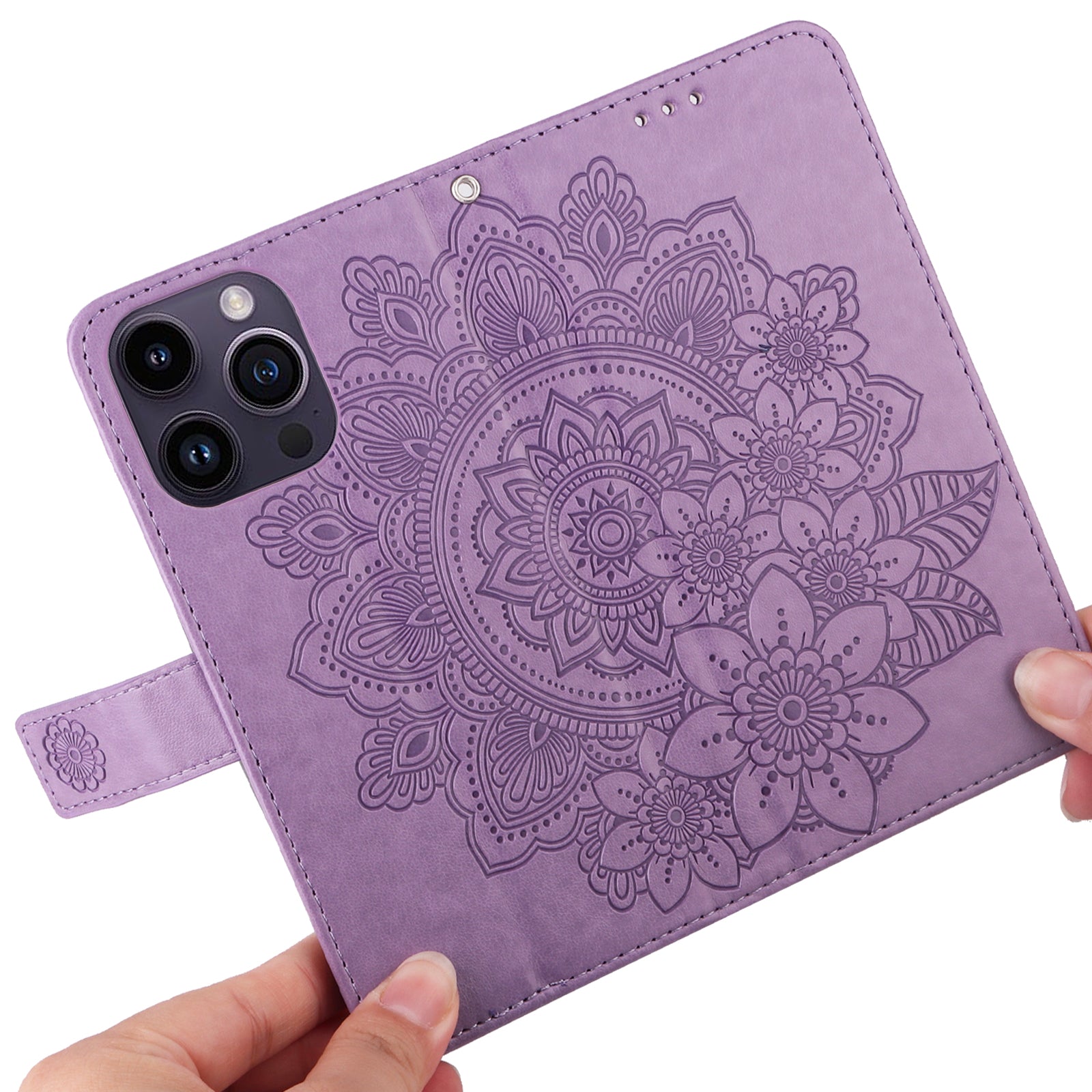 Uniqkart for iPhone 15 Pro Imprinted Flower Pattern Phone Stand Case Wallet Phone Shell PU Leather Cover - Purple