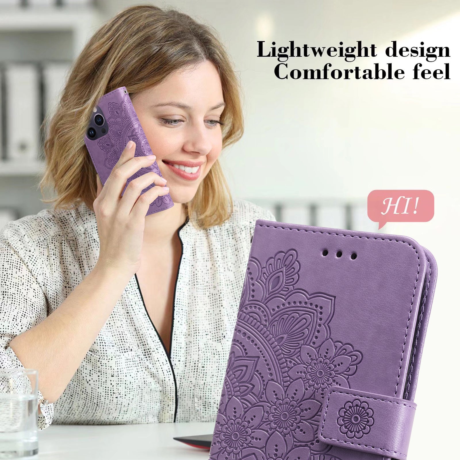 Uniqkart for iPhone 15 Pro Imprinted Flower Pattern Phone Stand Case Wallet Phone Shell PU Leather Cover - Purple