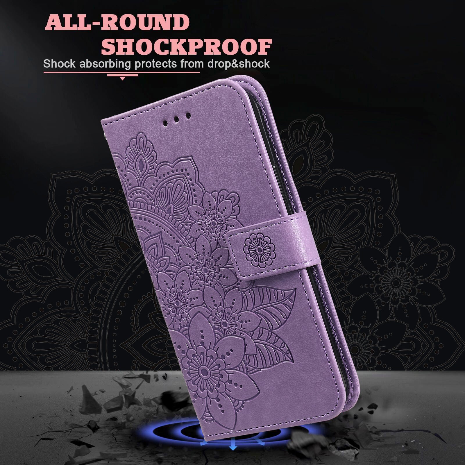 Uniqkart for iPhone 15 Pro Imprinted Flower Pattern Phone Stand Case Wallet Phone Shell PU Leather Cover - Purple