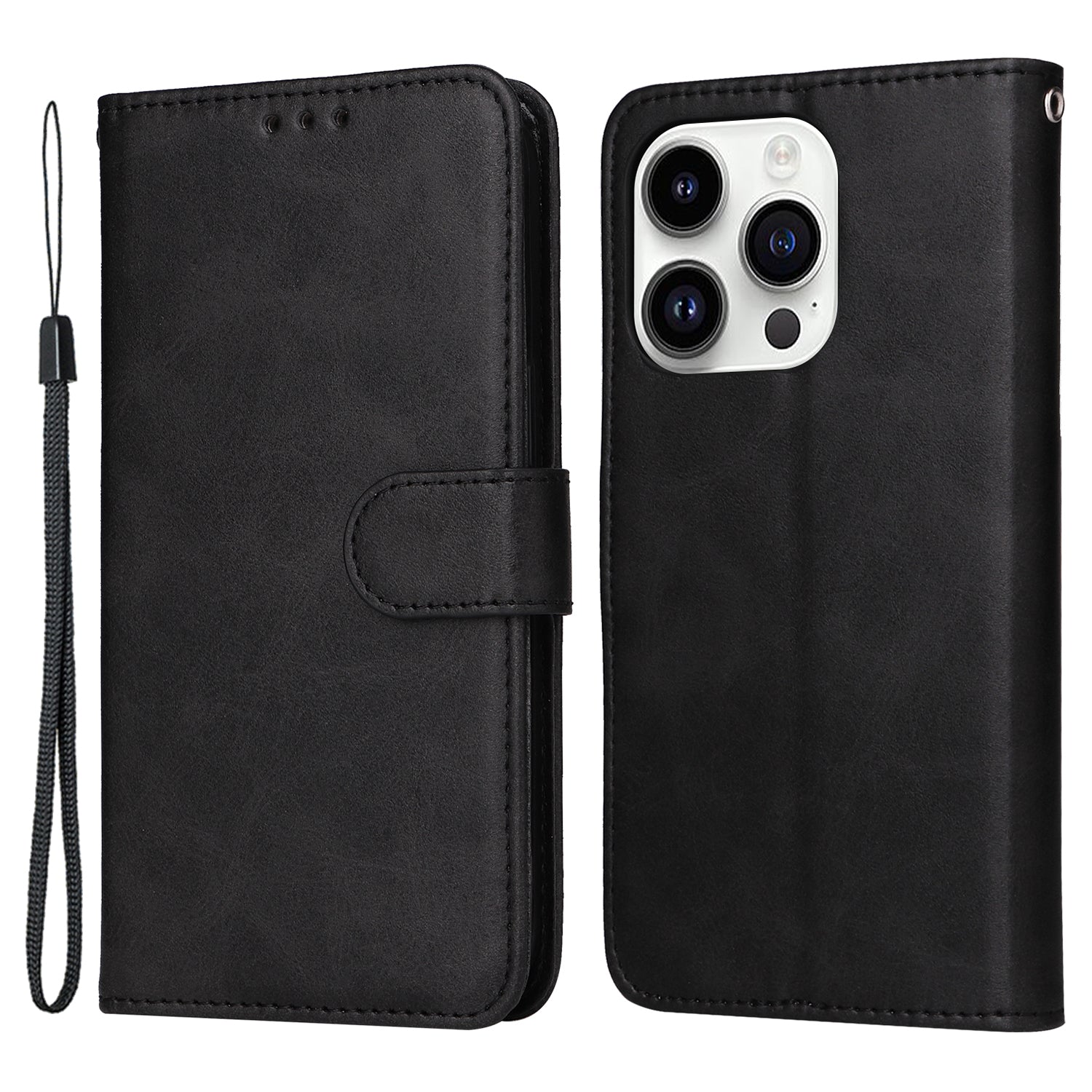 Uniqkart for iPhone 15 Pro Wallet Phone Case Anti-Scratch PU Leather Calf Texture Flip Stand Phone Shell Cover - Black