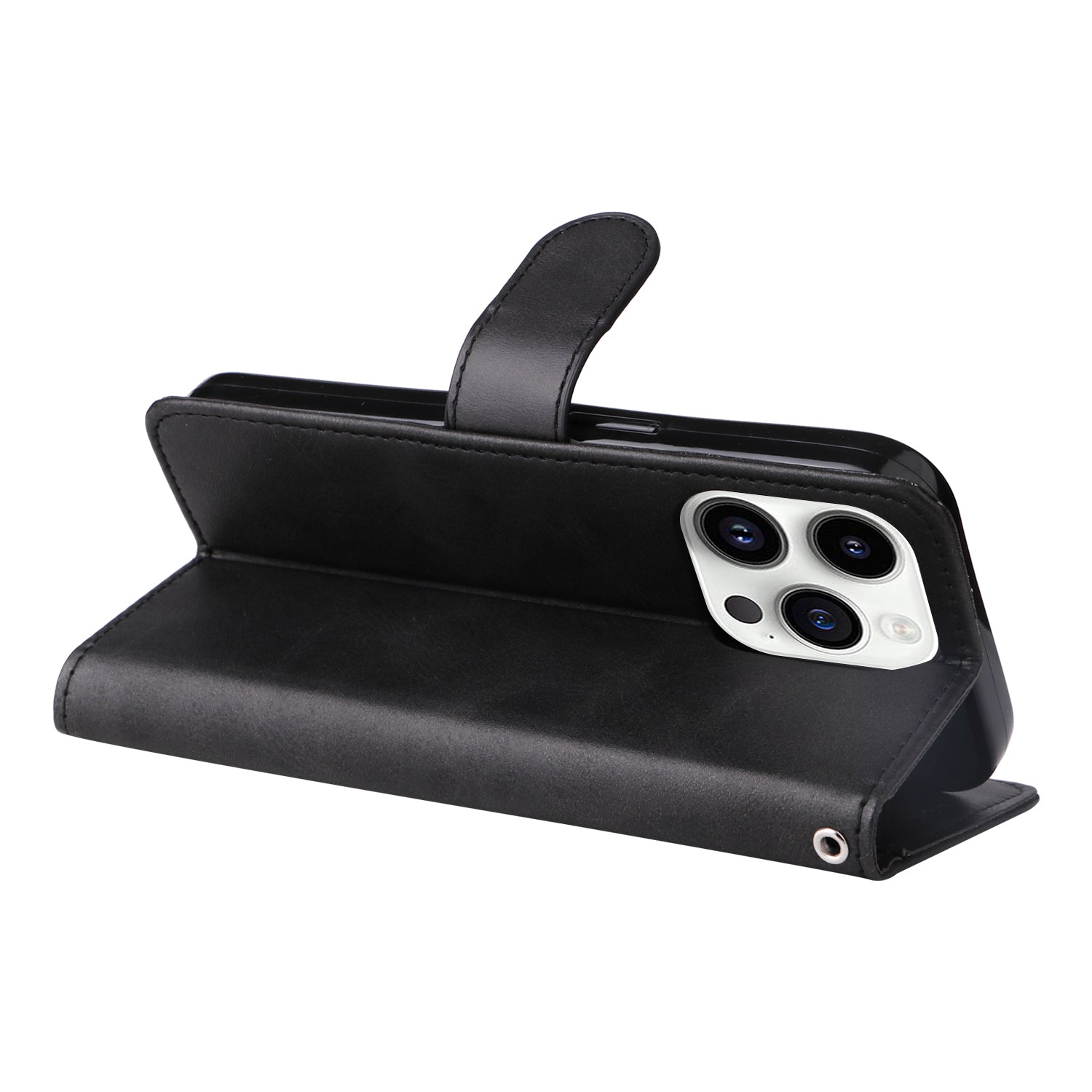Uniqkart for iPhone 15 Pro Wallet Phone Case Anti-Scratch PU Leather Calf Texture Flip Stand Phone Shell Cover - Black