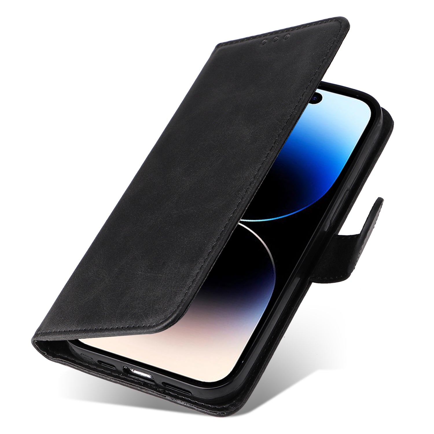 Uniqkart for iPhone 15 Pro Wallet Phone Case Anti-Scratch PU Leather Calf Texture Flip Stand Phone Shell Cover - Black