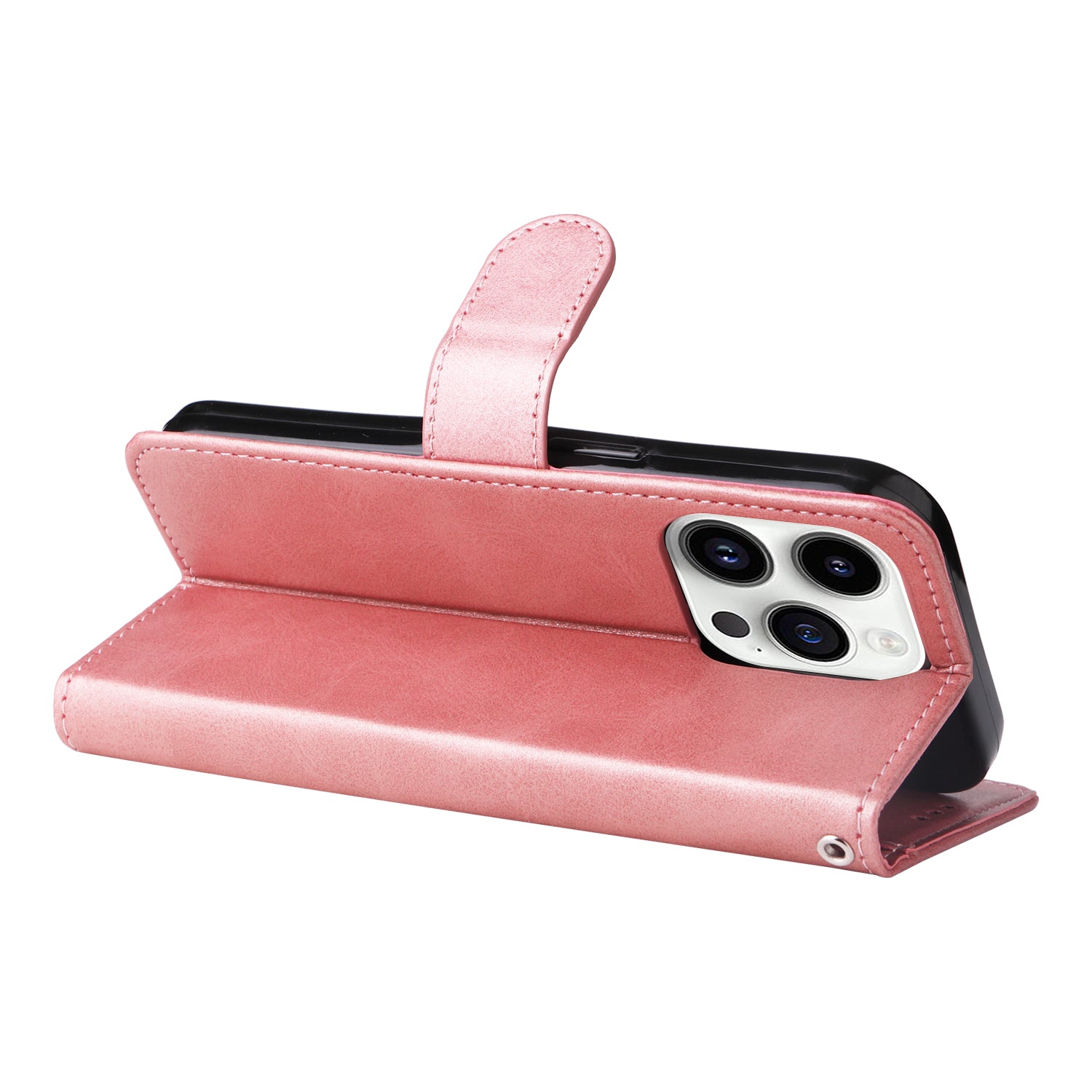 Uniqkart for iPhone 15 Pro Wallet Phone Case Anti-Scratch PU Leather Calf Texture Flip Stand Phone Shell Cover - Pink