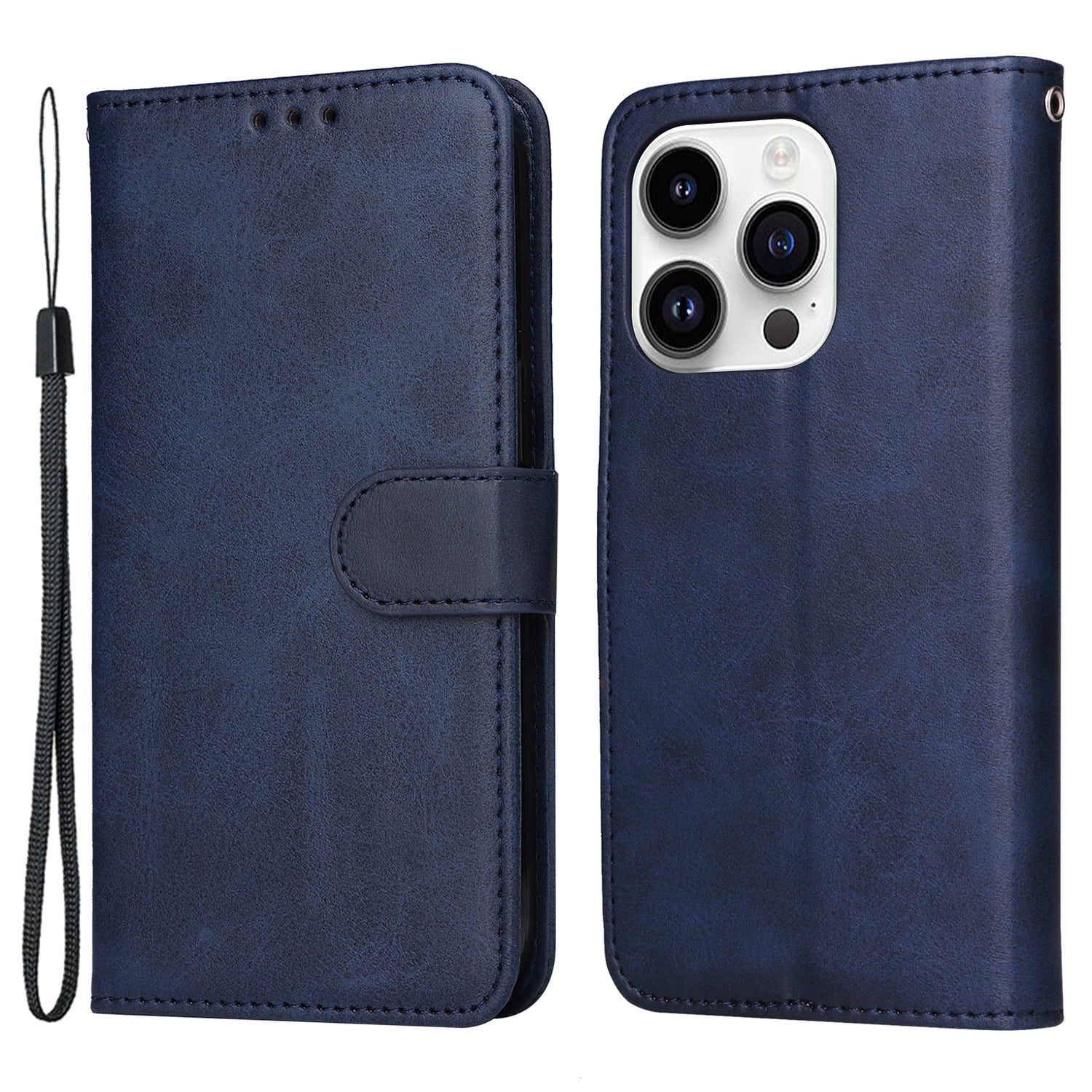 Uniqkart for iPhone 15 Pro Wallet Phone Case Anti-Scratch PU Leather Calf Texture Flip Stand Phone Shell Cover - Blue