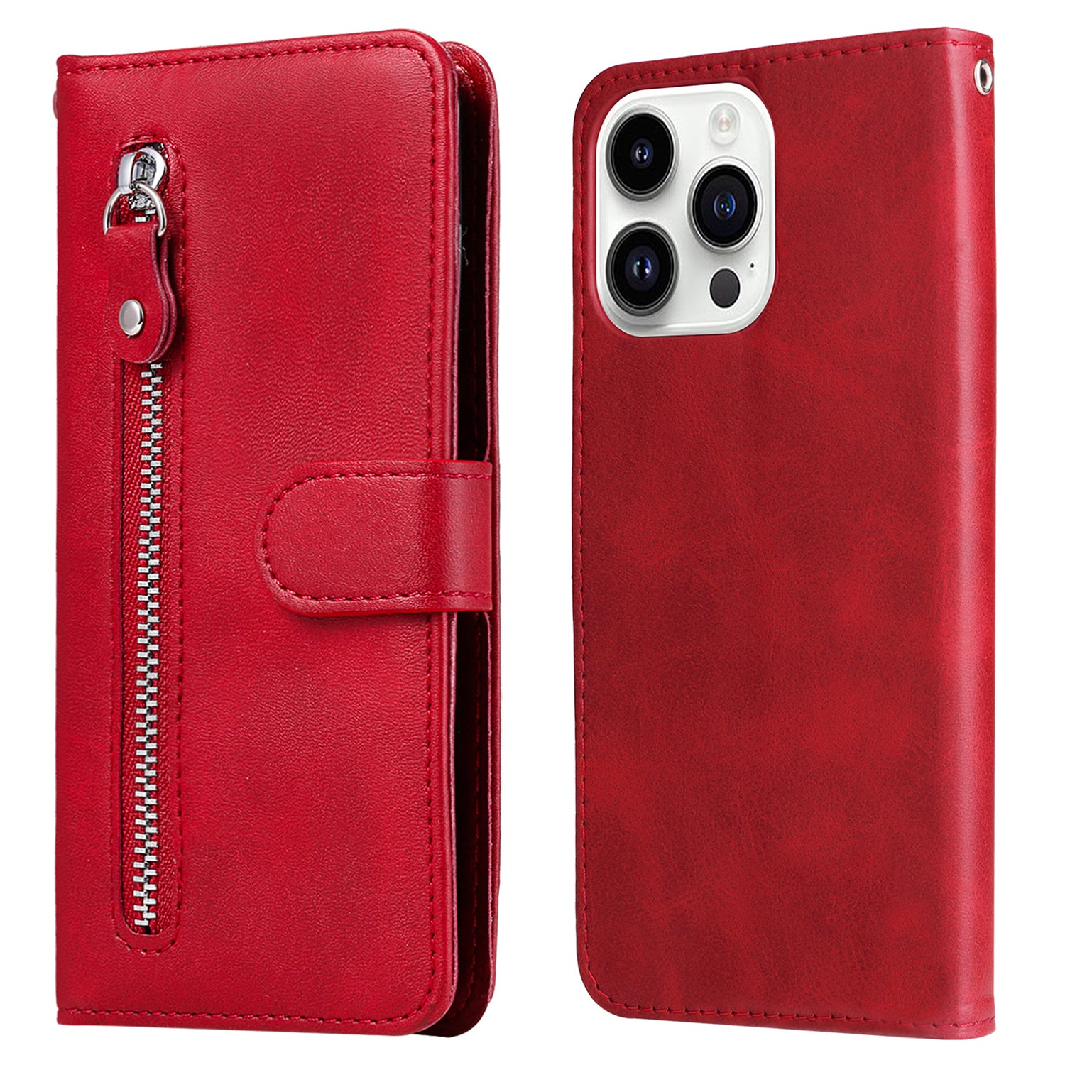Uniqkart for iPhone 15 Pro Calf Texture Phone Case Zipper Pocket Wallet Foldable Stand Anti-Scratch Cell Phone Cover - Red