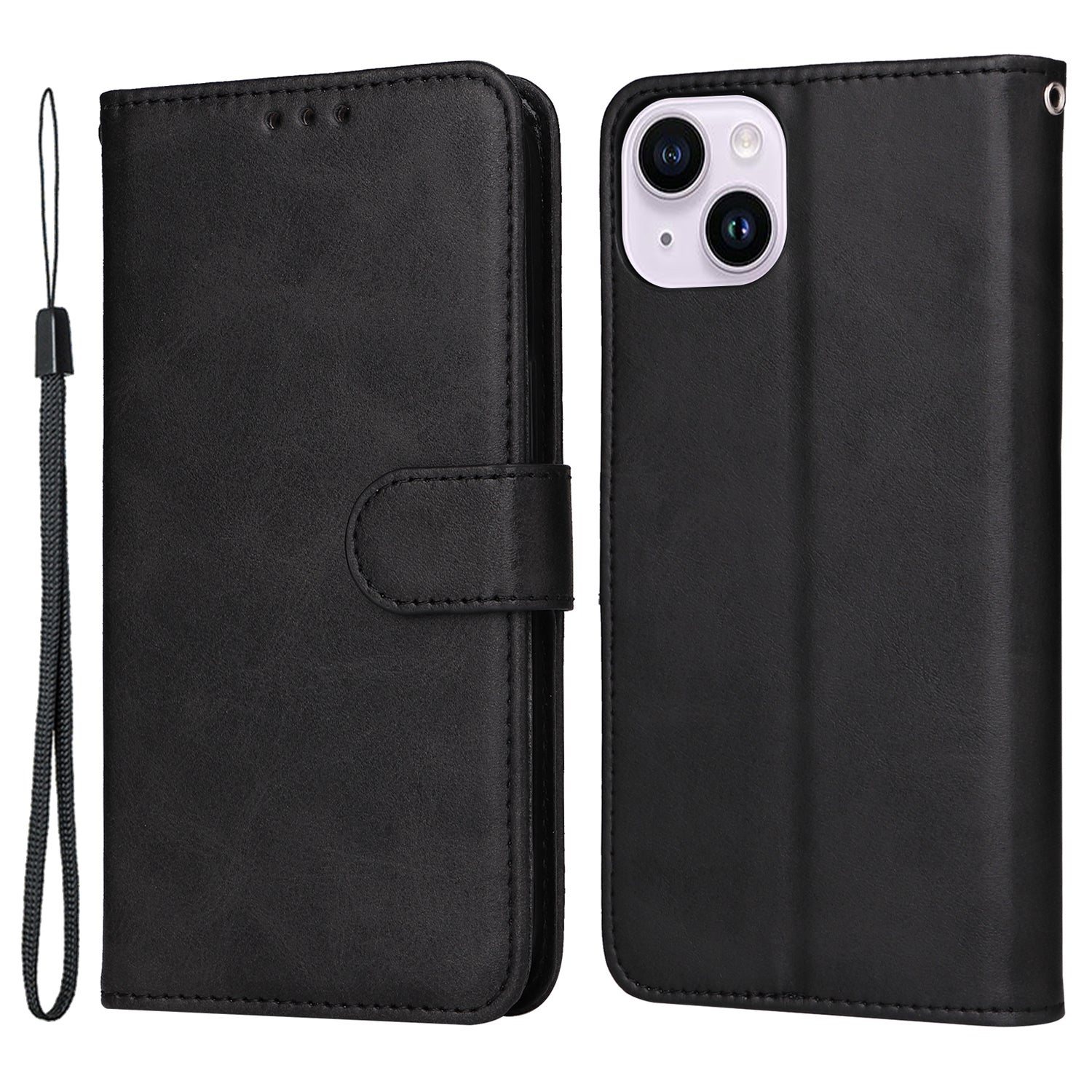 Uniqkart for iPhone 15 Anti-Scratch PU Leather Wallet Phone Case Calf Texture Flip Stand Cover - Black