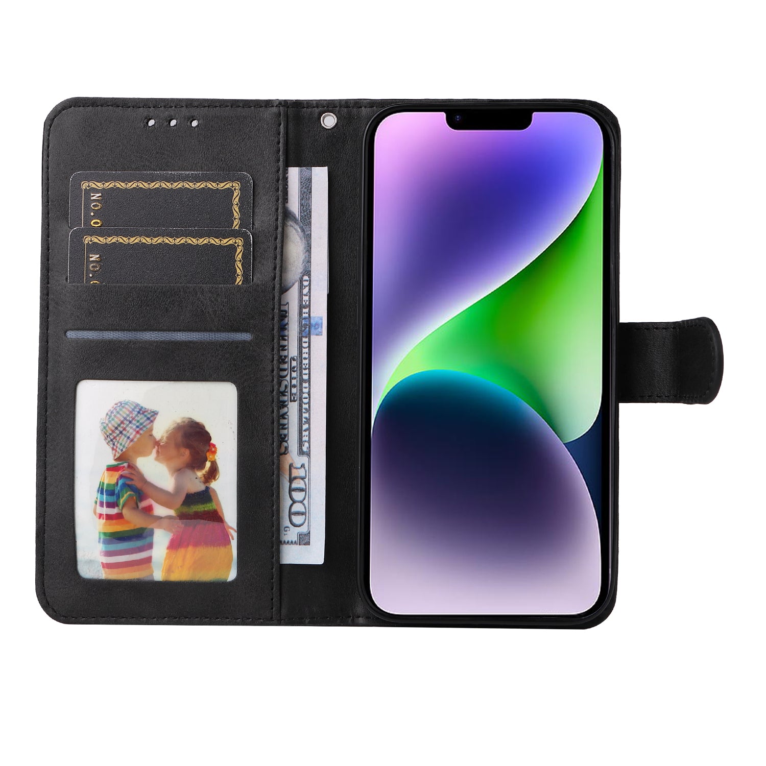 Uniqkart for iPhone 15 Anti-Scratch PU Leather Wallet Phone Case Calf Texture Flip Stand Cover - Black