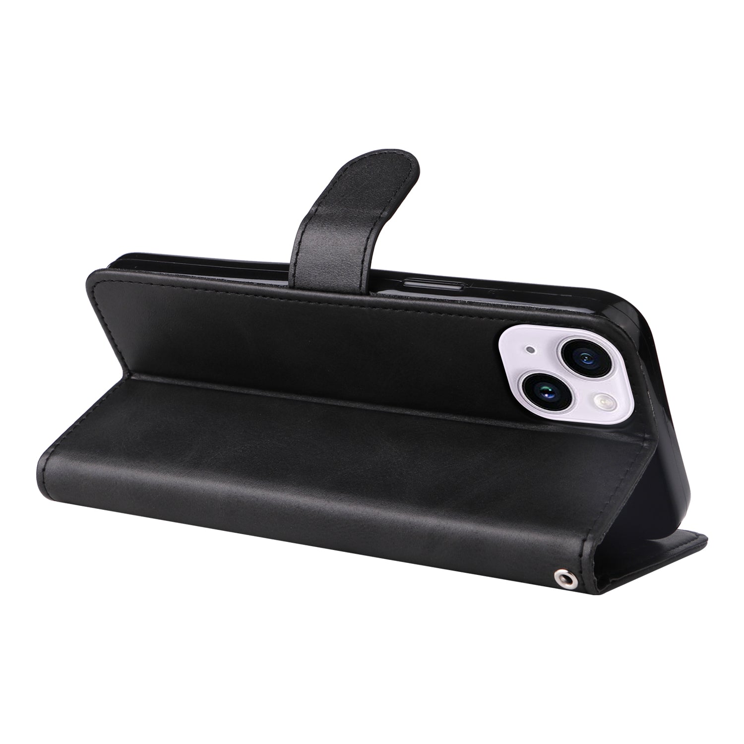 Uniqkart for iPhone 15 Anti-Scratch PU Leather Wallet Phone Case Calf Texture Flip Stand Cover - Black