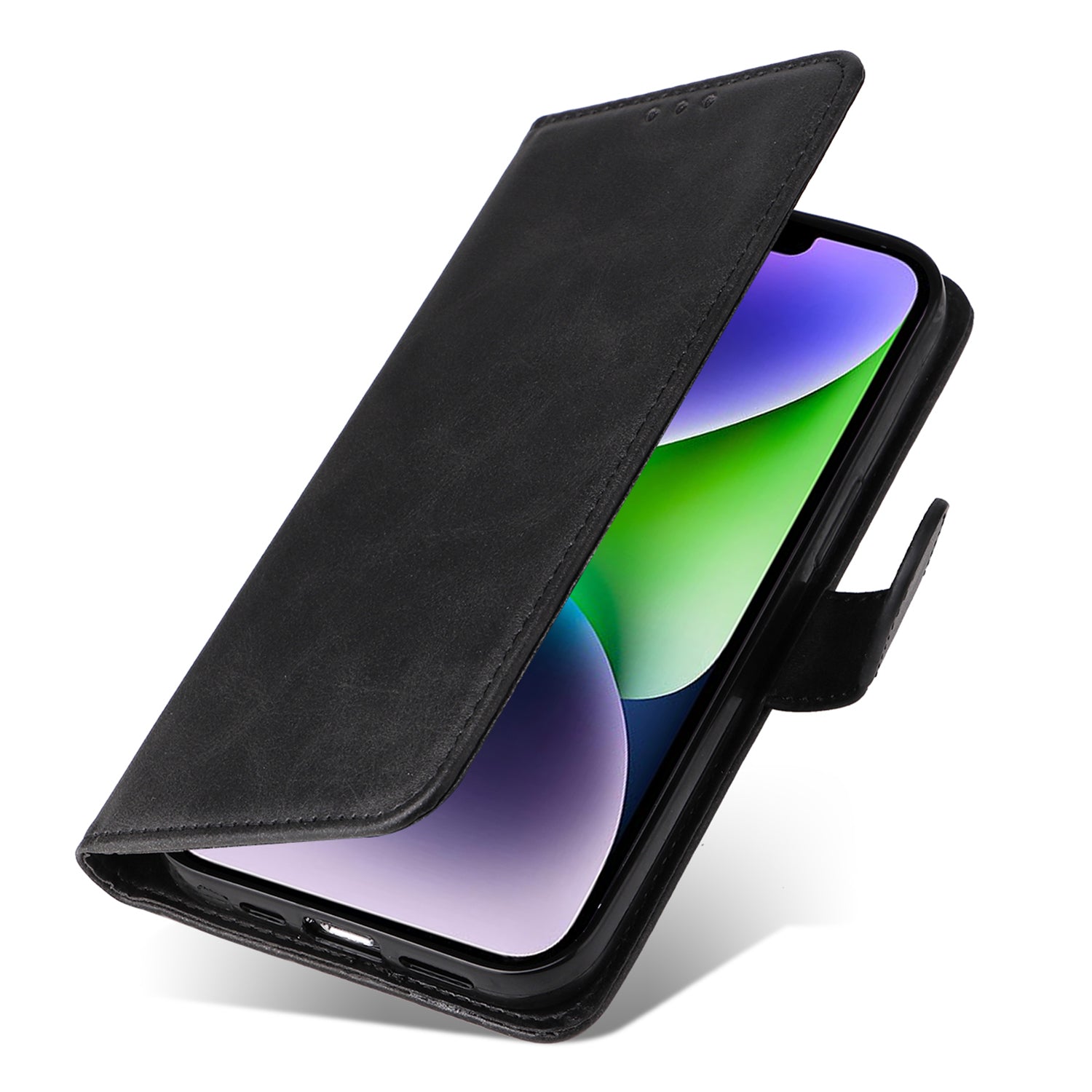 Uniqkart for iPhone 15 Anti-Scratch PU Leather Wallet Phone Case Calf Texture Flip Stand Cover - Black