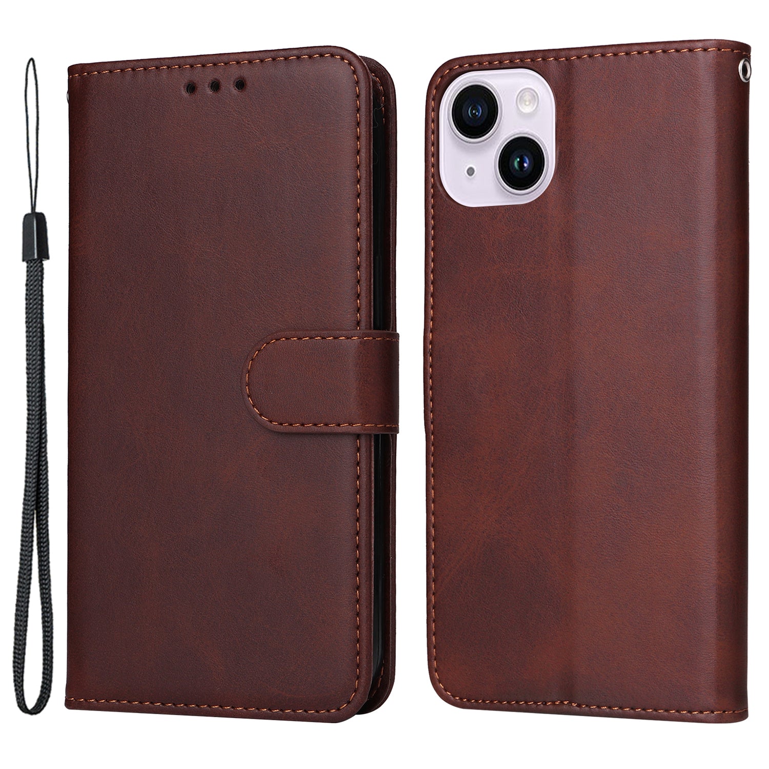 Uniqkart for iPhone 15 Anti-Scratch PU Leather Wallet Phone Case Calf Texture Flip Stand Cover - Brown