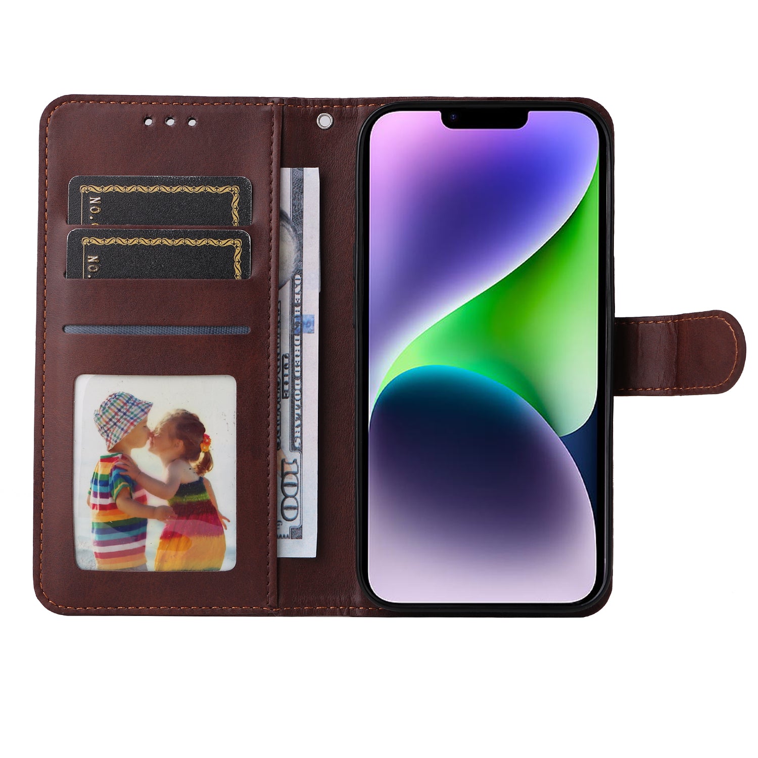Uniqkart for iPhone 15 Anti-Scratch PU Leather Wallet Phone Case Calf Texture Flip Stand Cover - Brown