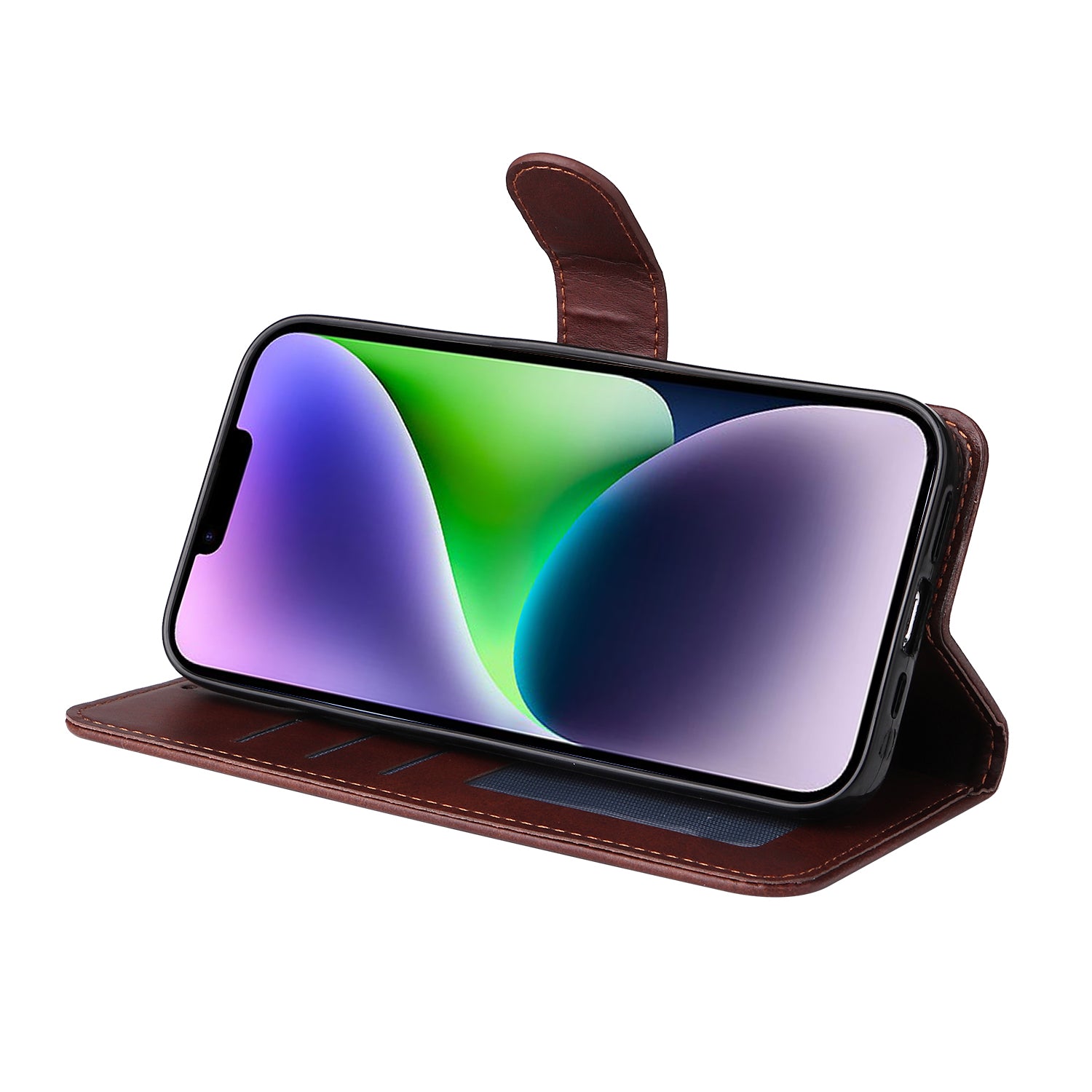 Uniqkart for iPhone 15 Anti-Scratch PU Leather Wallet Phone Case Calf Texture Flip Stand Cover - Brown