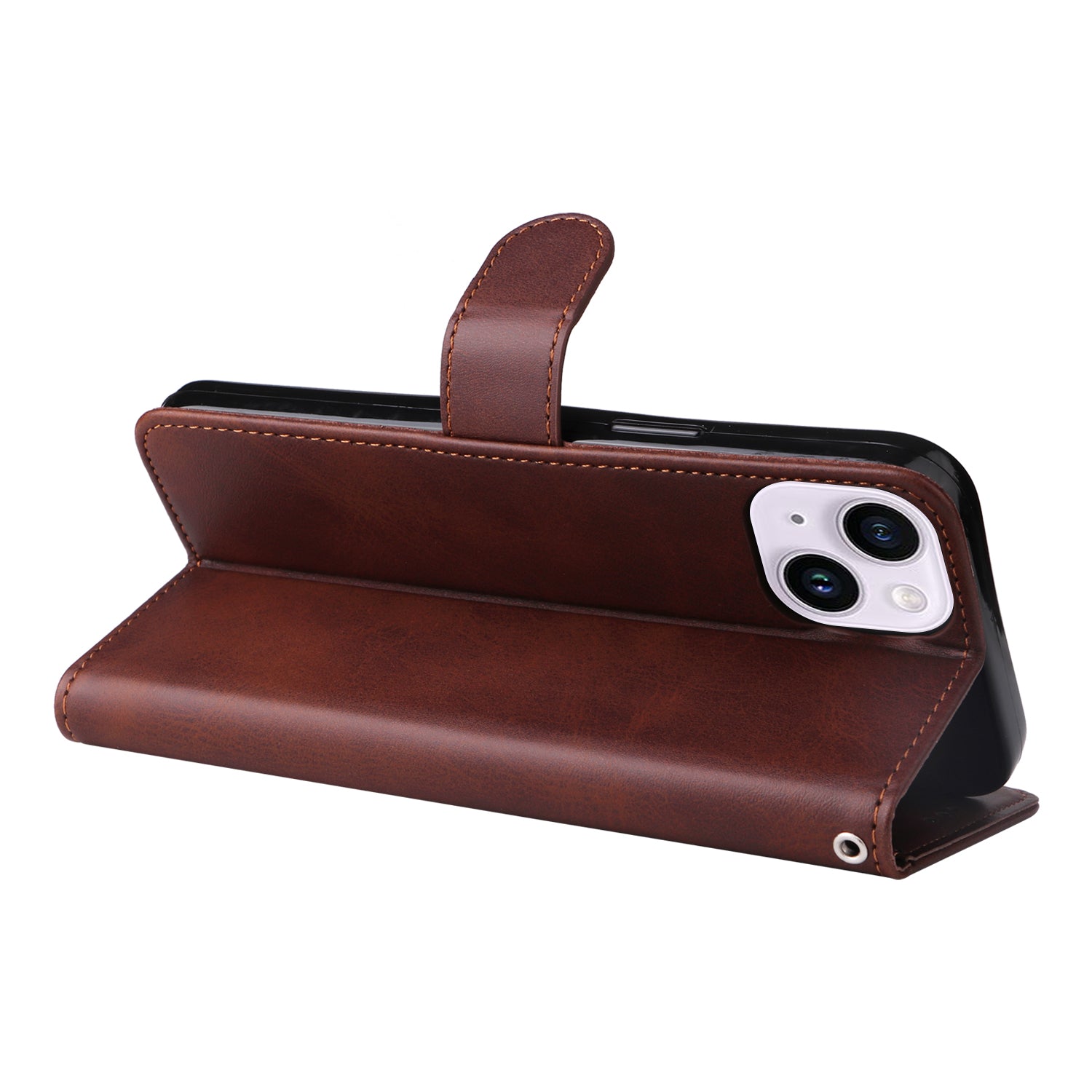 Uniqkart for iPhone 15 Anti-Scratch PU Leather Wallet Phone Case Calf Texture Flip Stand Cover - Brown