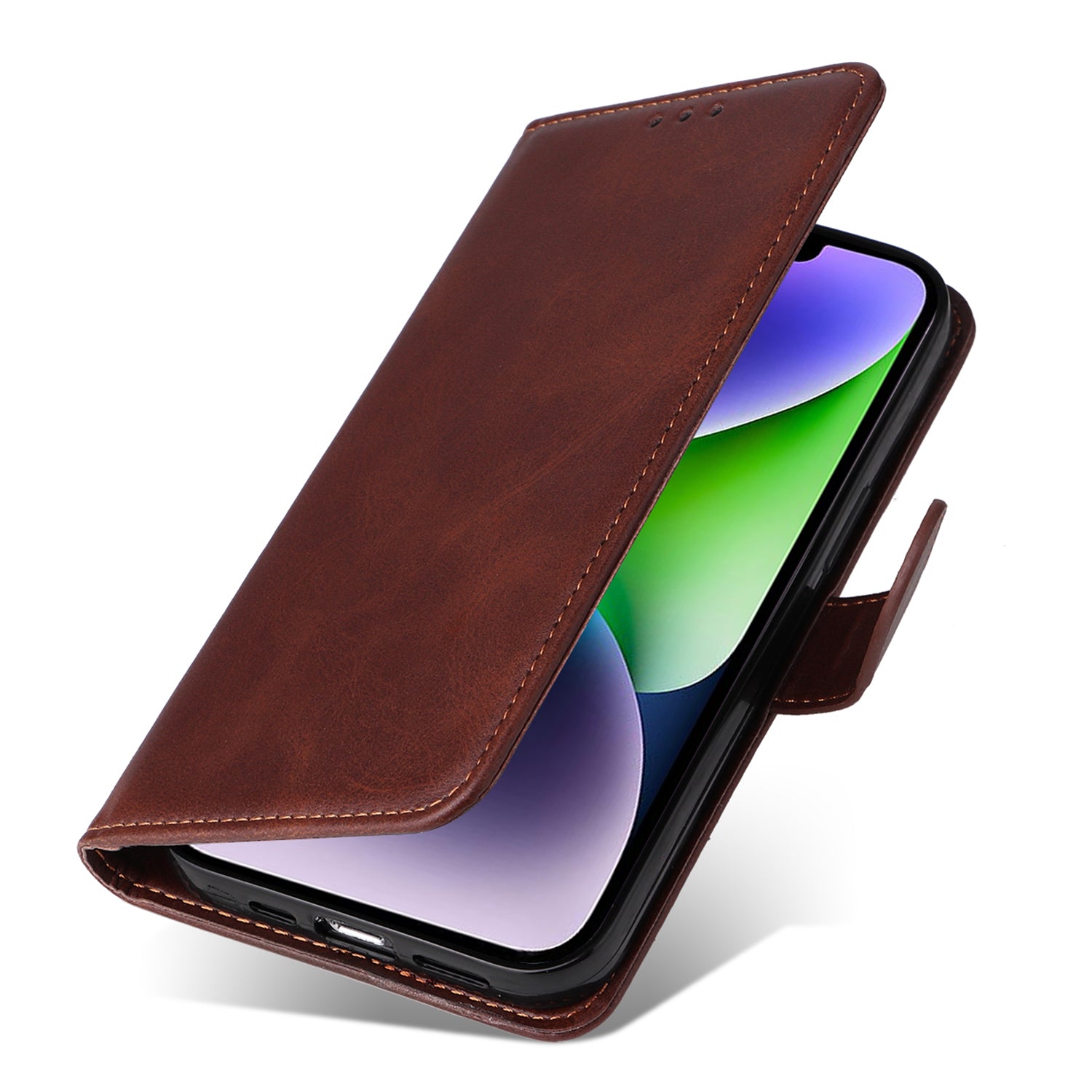 Uniqkart for iPhone 15 Anti-Scratch PU Leather Wallet Phone Case Calf Texture Flip Stand Cover - Brown