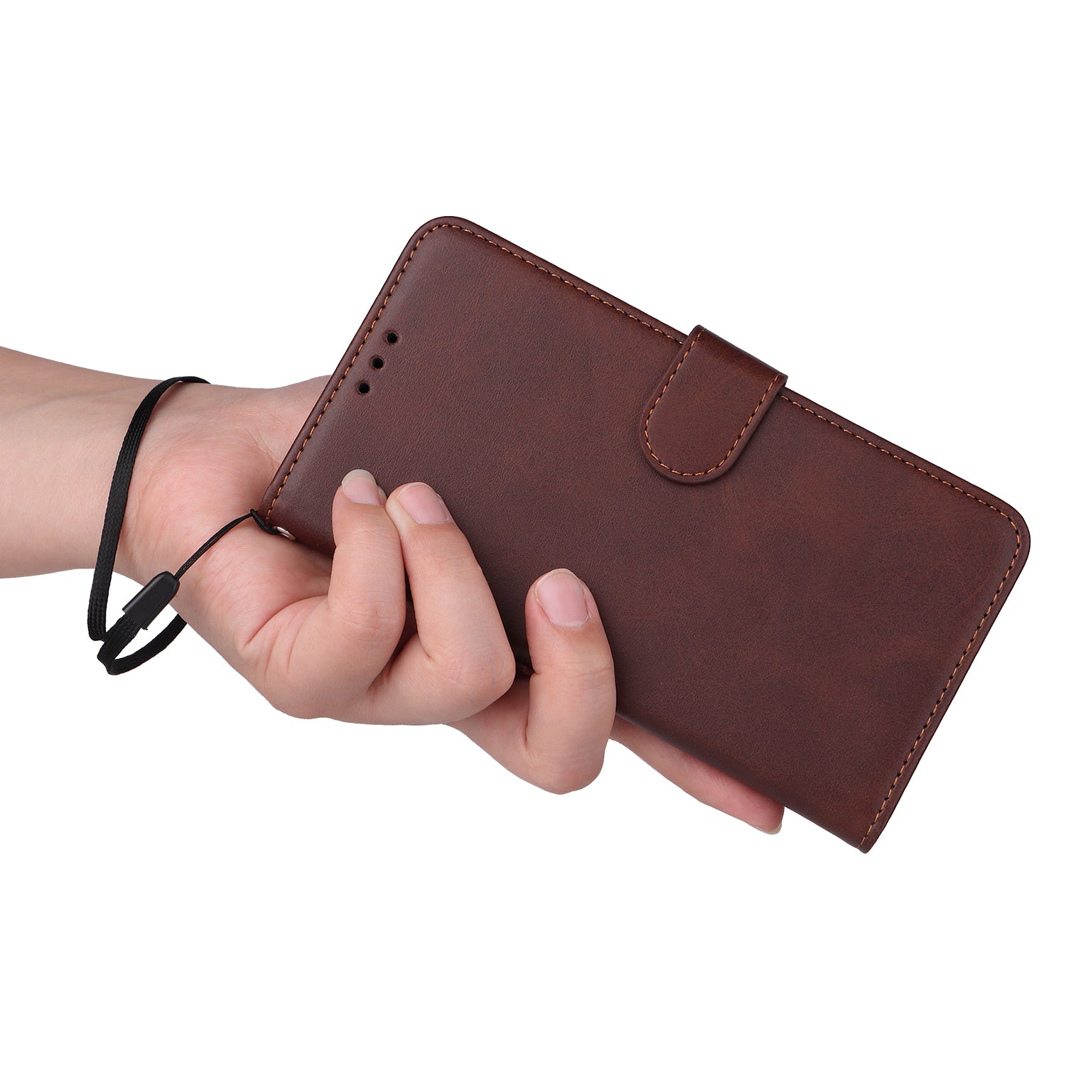 Uniqkart for iPhone 15 Anti-Scratch PU Leather Wallet Phone Case Calf Texture Flip Stand Cover - Brown