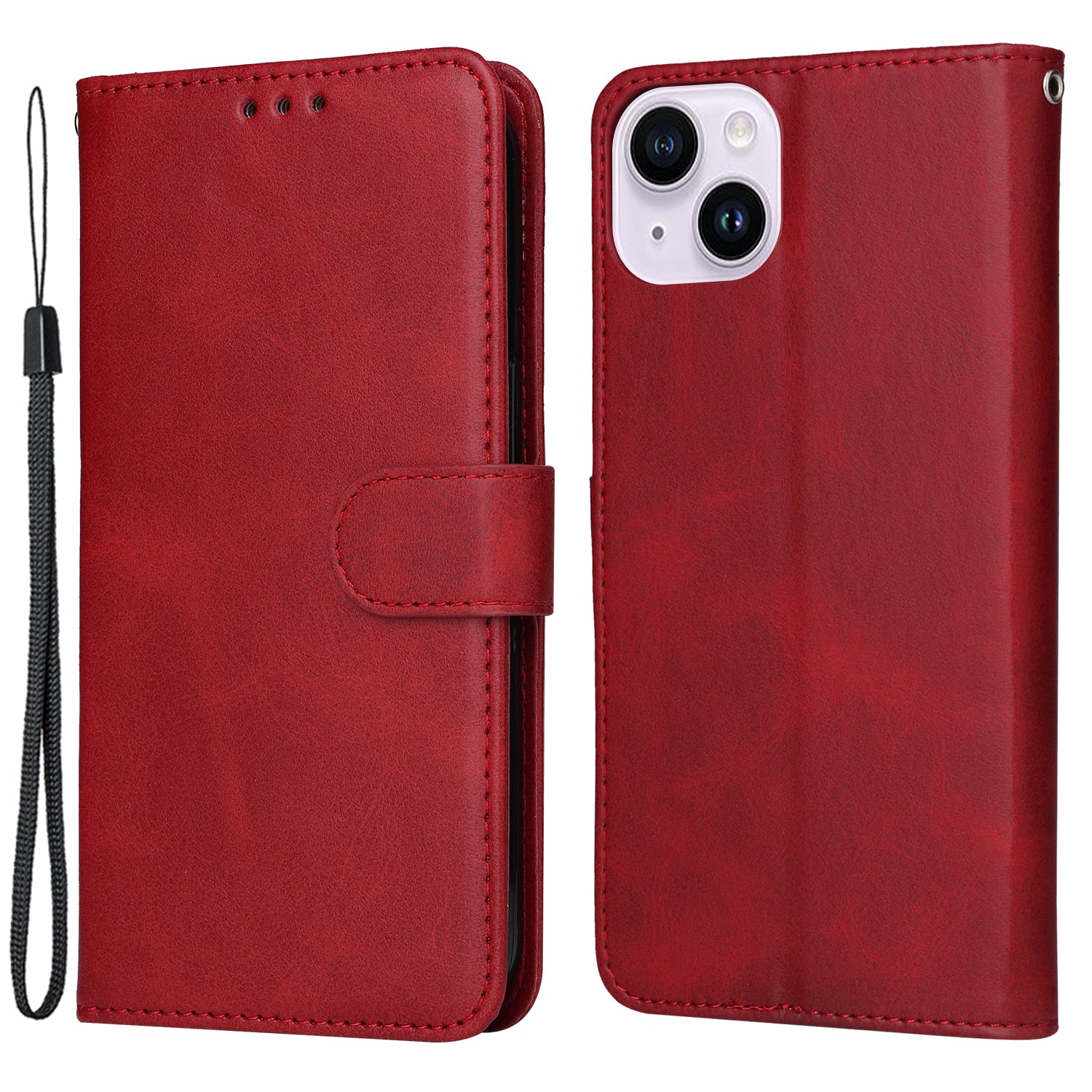 Uniqkart for iPhone 15 Anti-Scratch PU Leather Wallet Phone Case Calf Texture Flip Stand Cover - Red