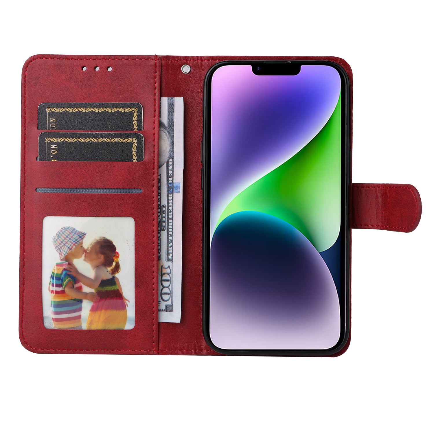 Uniqkart for iPhone 15 Anti-Scratch PU Leather Wallet Phone Case Calf Texture Flip Stand Cover - Red